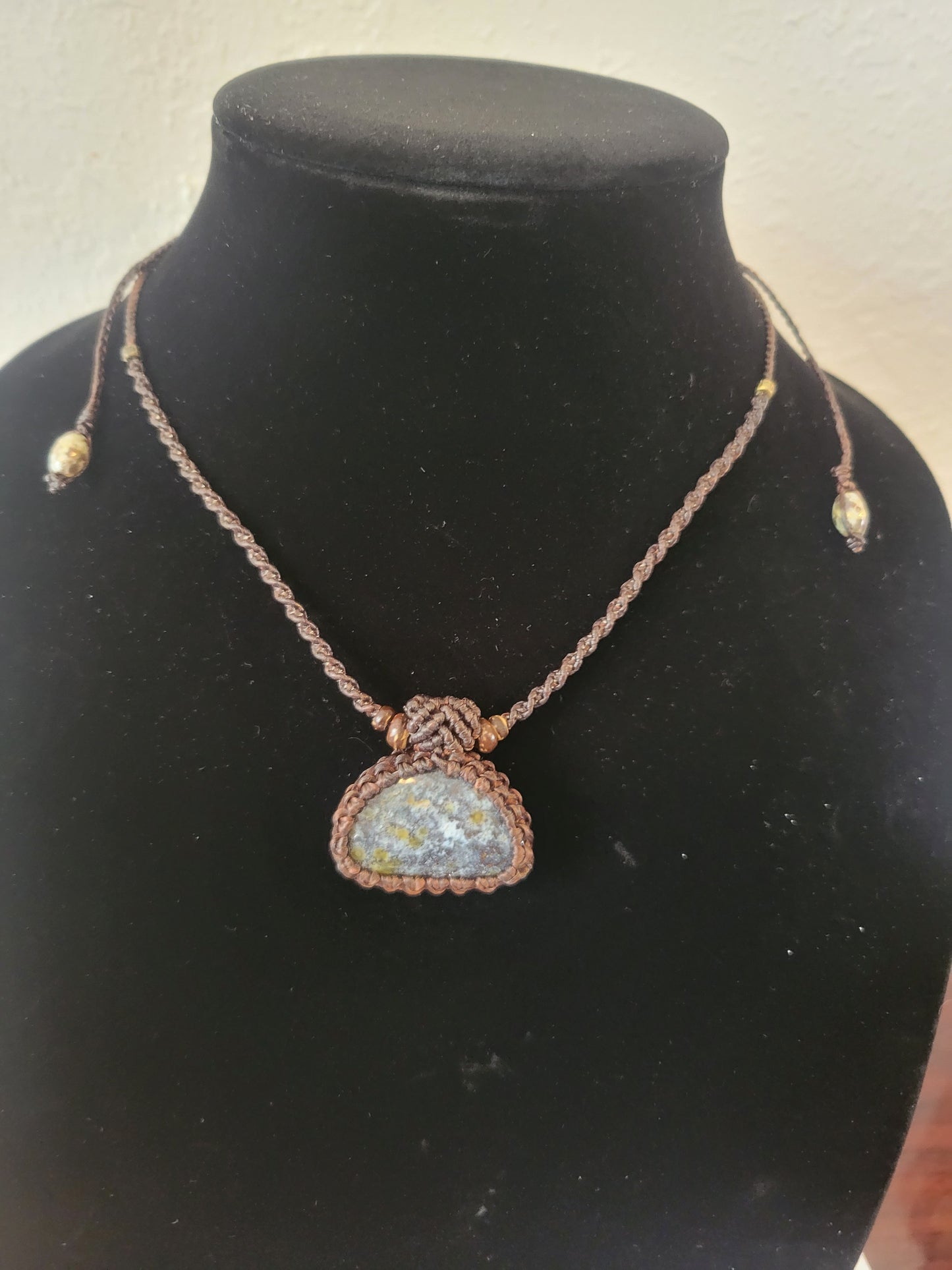 “Mist & Earth” – Triangular Moss Agate Pendant Necklace, Blue and White Hues, Minimalist Brown Cord Wrap