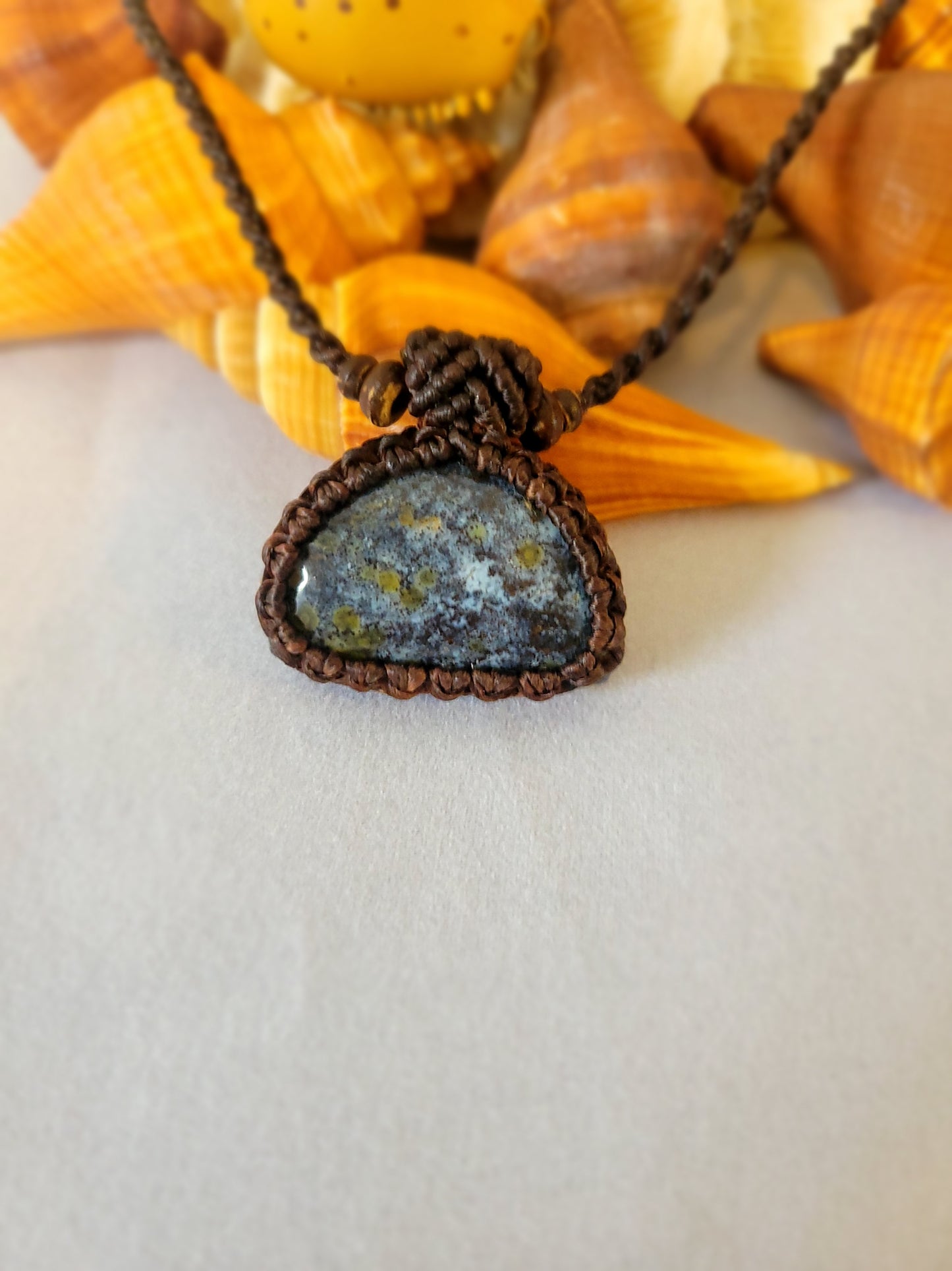 “Mist & Earth” – Triangular Moss Agate Pendant Necklace, Blue and White Hues, Minimalist Brown Cord Wrap