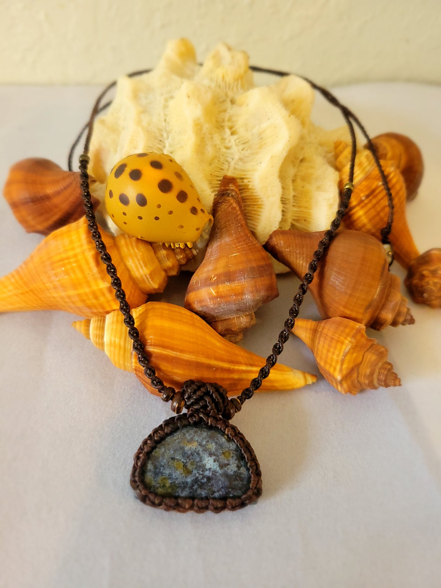 “Mist & Earth” – Triangular Moss Agate Pendant Necklace, Blue and White Hues, Minimalist Brown Cord Wrap