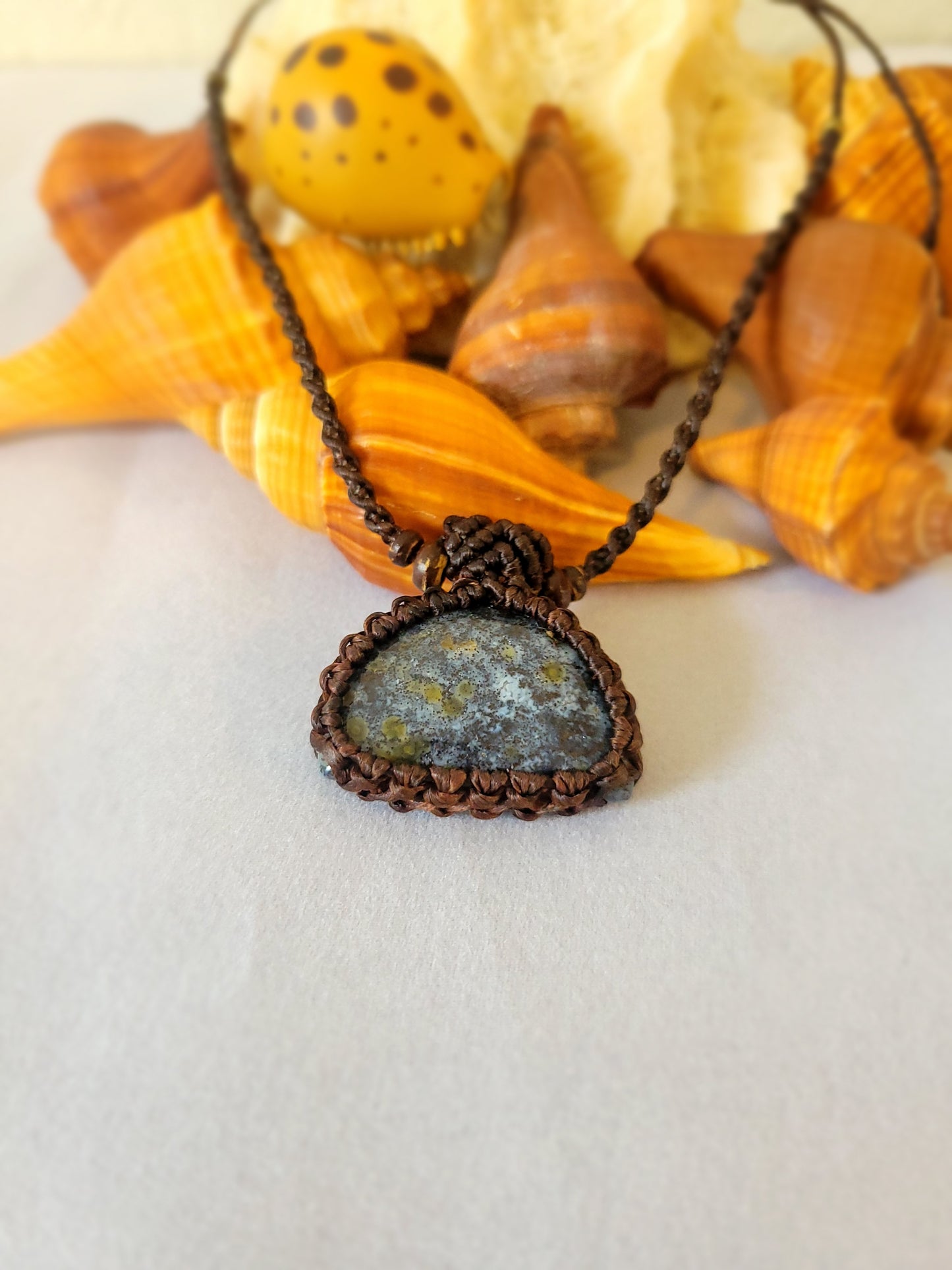 “Mist & Earth” – Triangular Moss Agate Pendant Necklace, Blue and White Hues, Minimalist Brown Cord Wrap