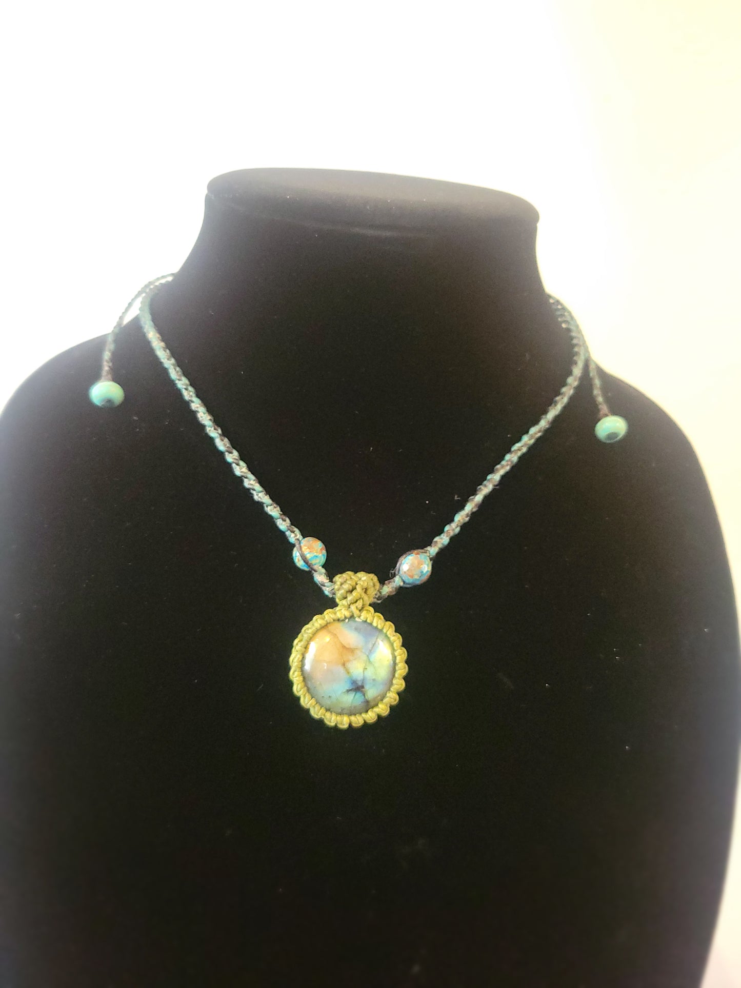 Celestial Harmony: Circular Labradorite Pendant Adorned with Blue Stone Beads