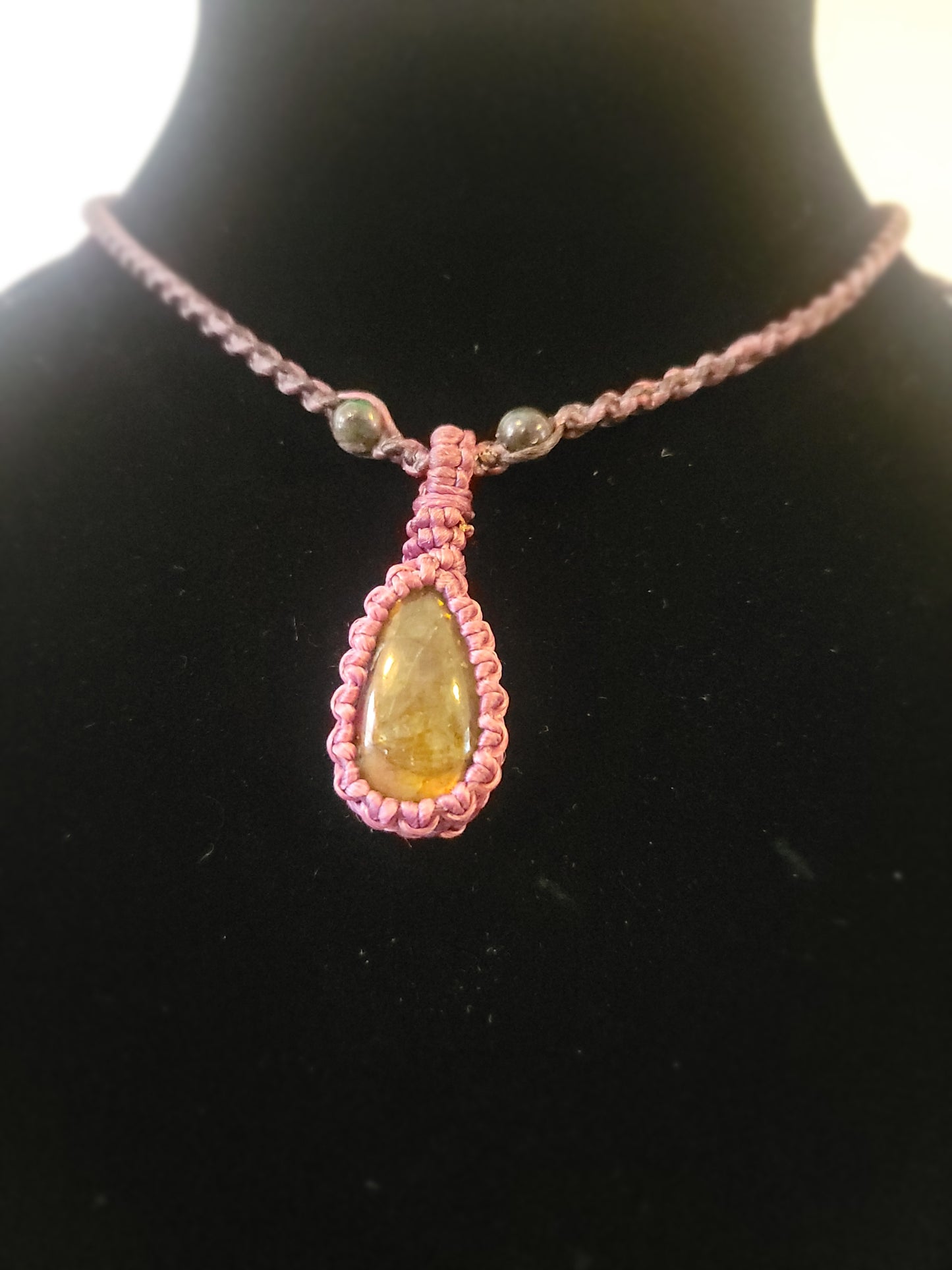 Emerald Dawn: Green Labradorite Pendant on Pink Cord with Green Stone Beads