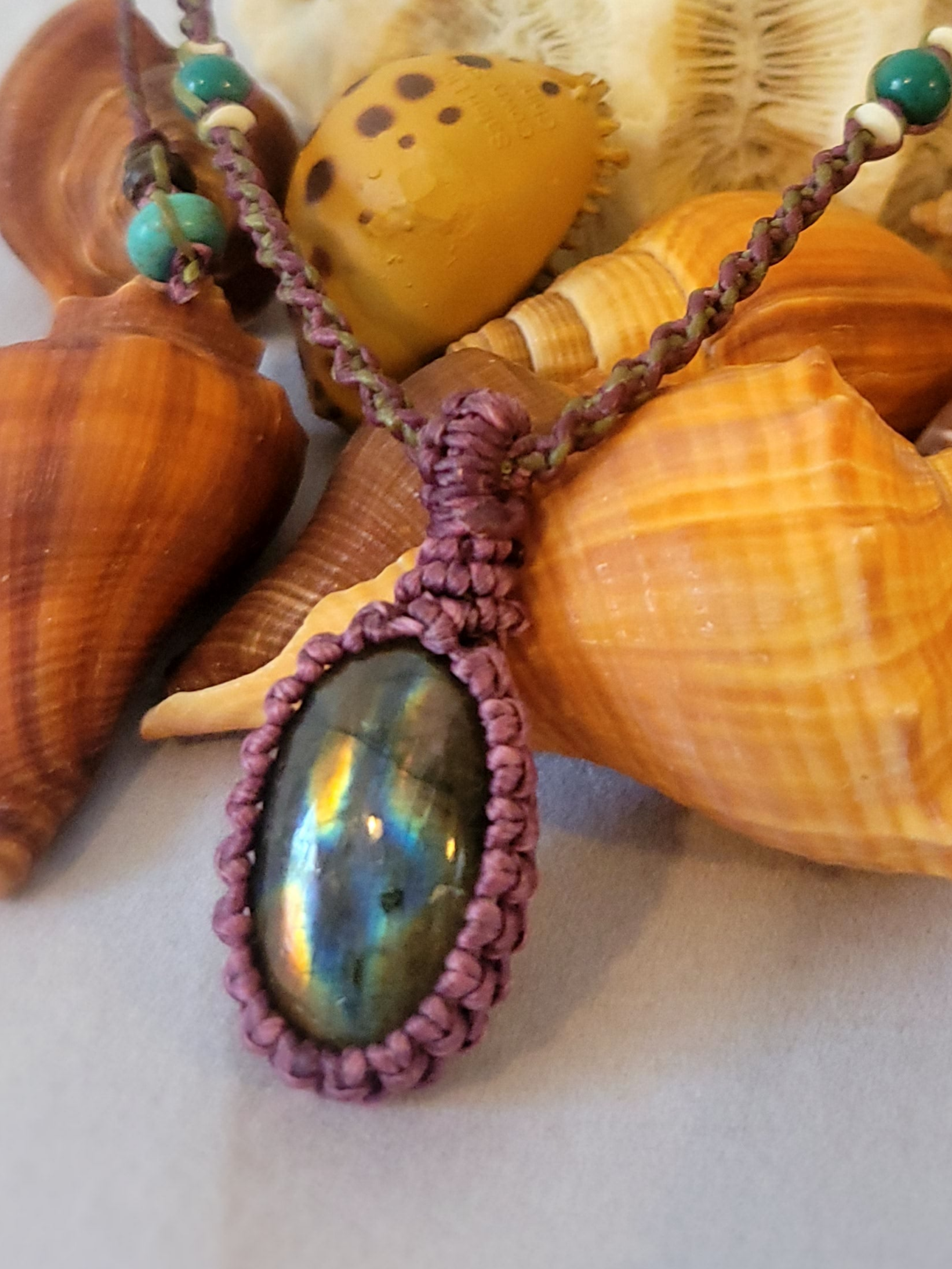 Labradorite Pendant Necklace with Purple Macrame Cord – Adjustable