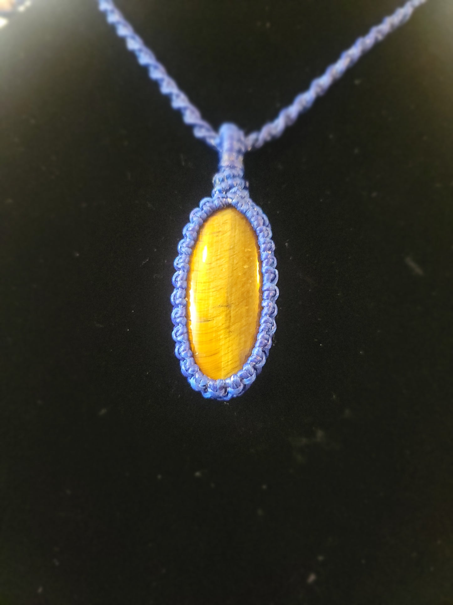 “Skyline Strength” – Elongated Oval Tiger Eye Pendant, Blue Cord, Minimalist Adjustable Necklace