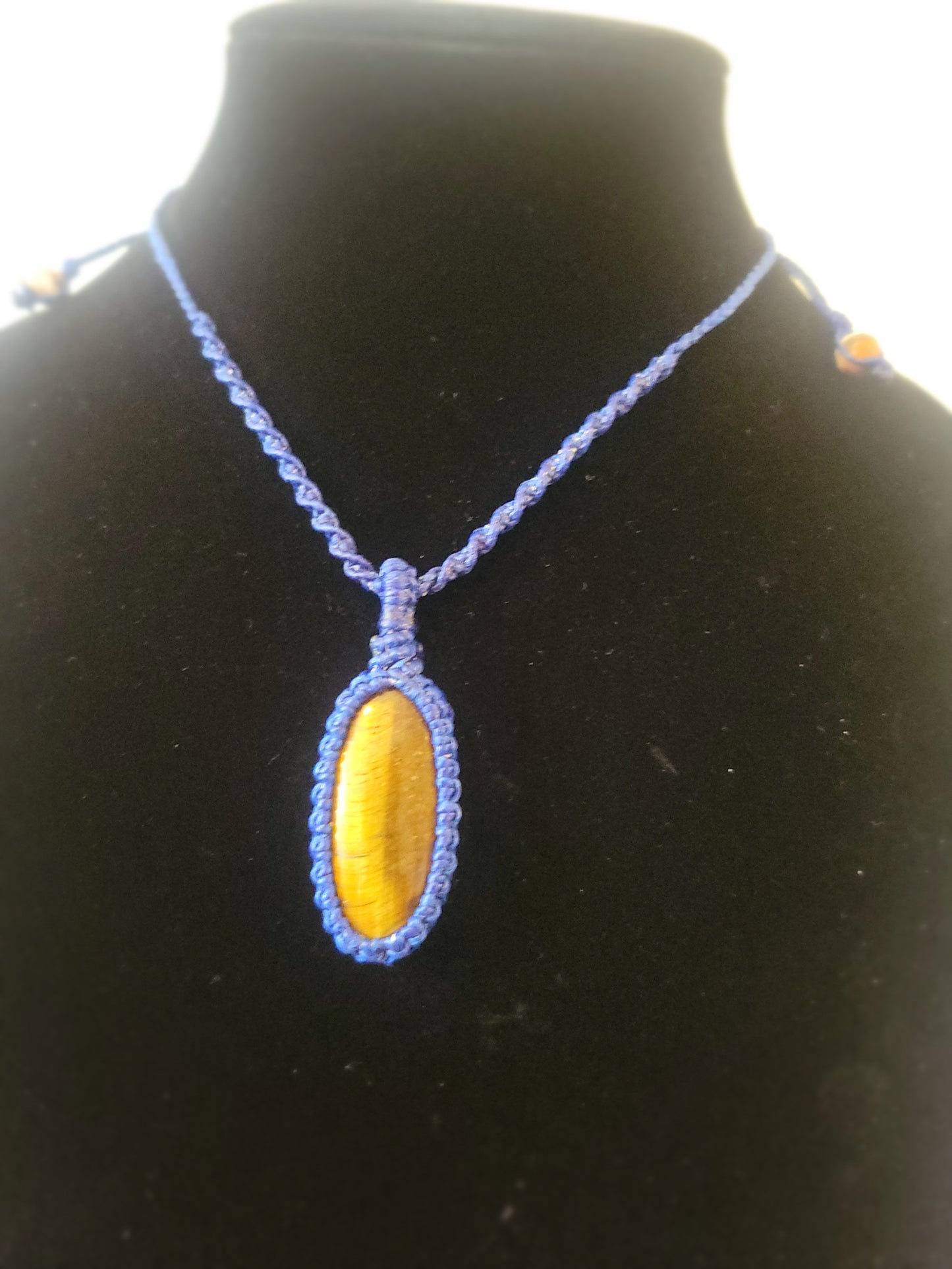 “Skyline Strength” – Elongated Oval Tiger Eye Pendant, Blue Cord, Minimalist Adjustable Necklace