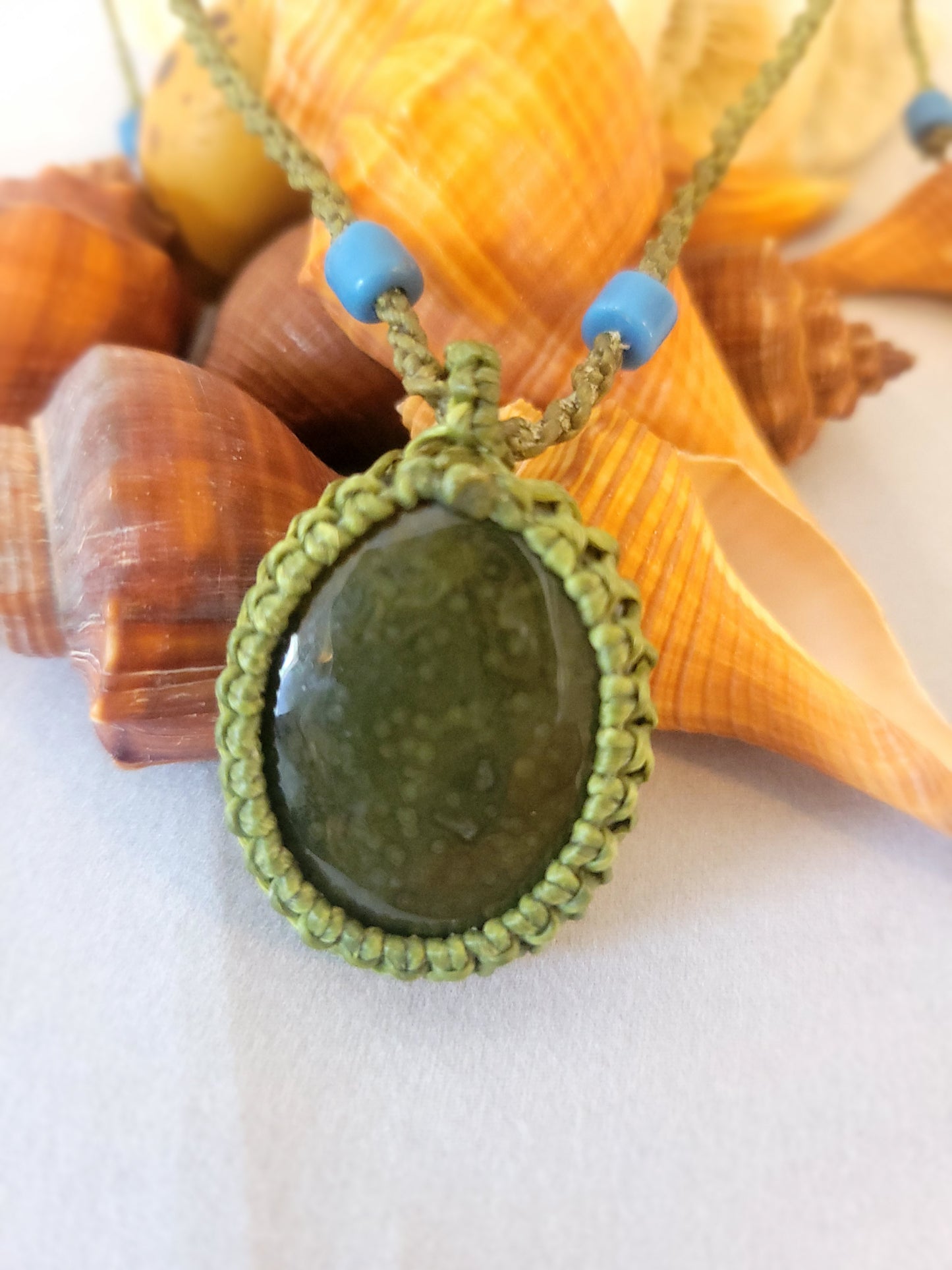 Enchanted Forest: Green Moss Agate Pendant on Spiral-Bound Micromacrame Necklace