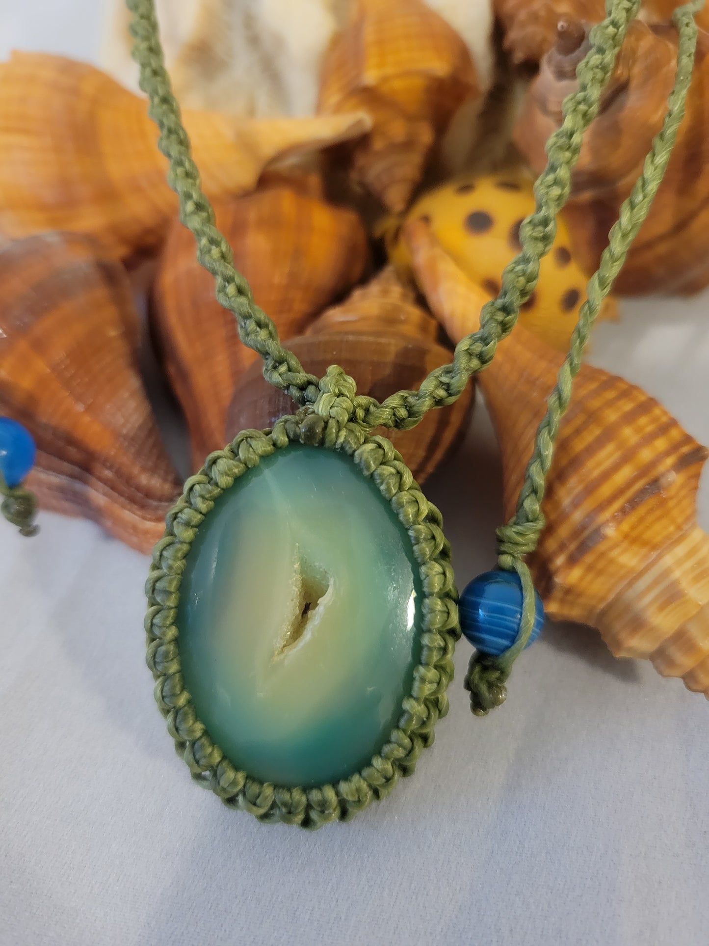 Emerald Whisper: Druzy Green Agate Slice on Spiral Braided Necklace