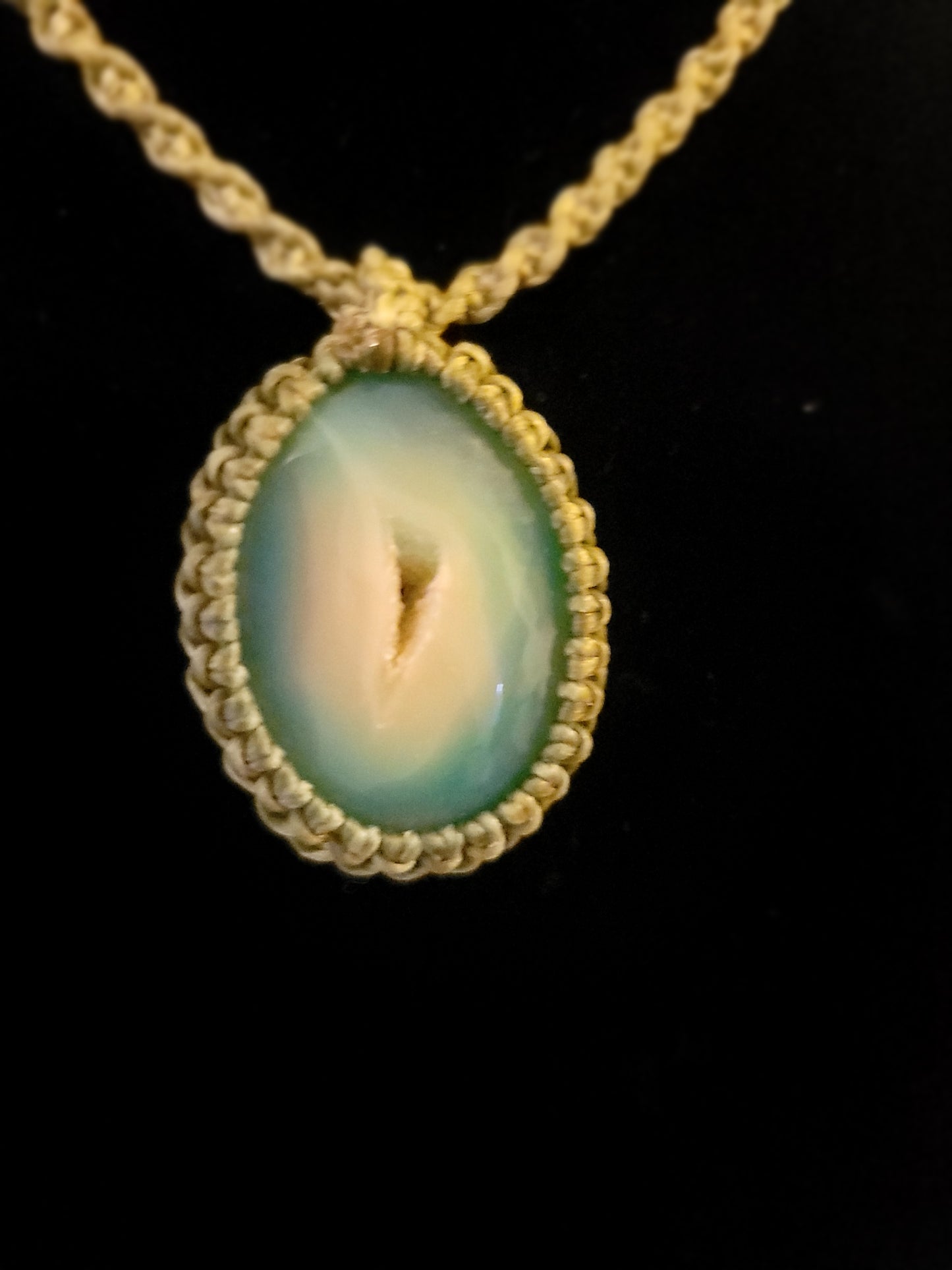 Emerald Whisper: Druzy Green Agate Slice on Spiral Braided Necklace