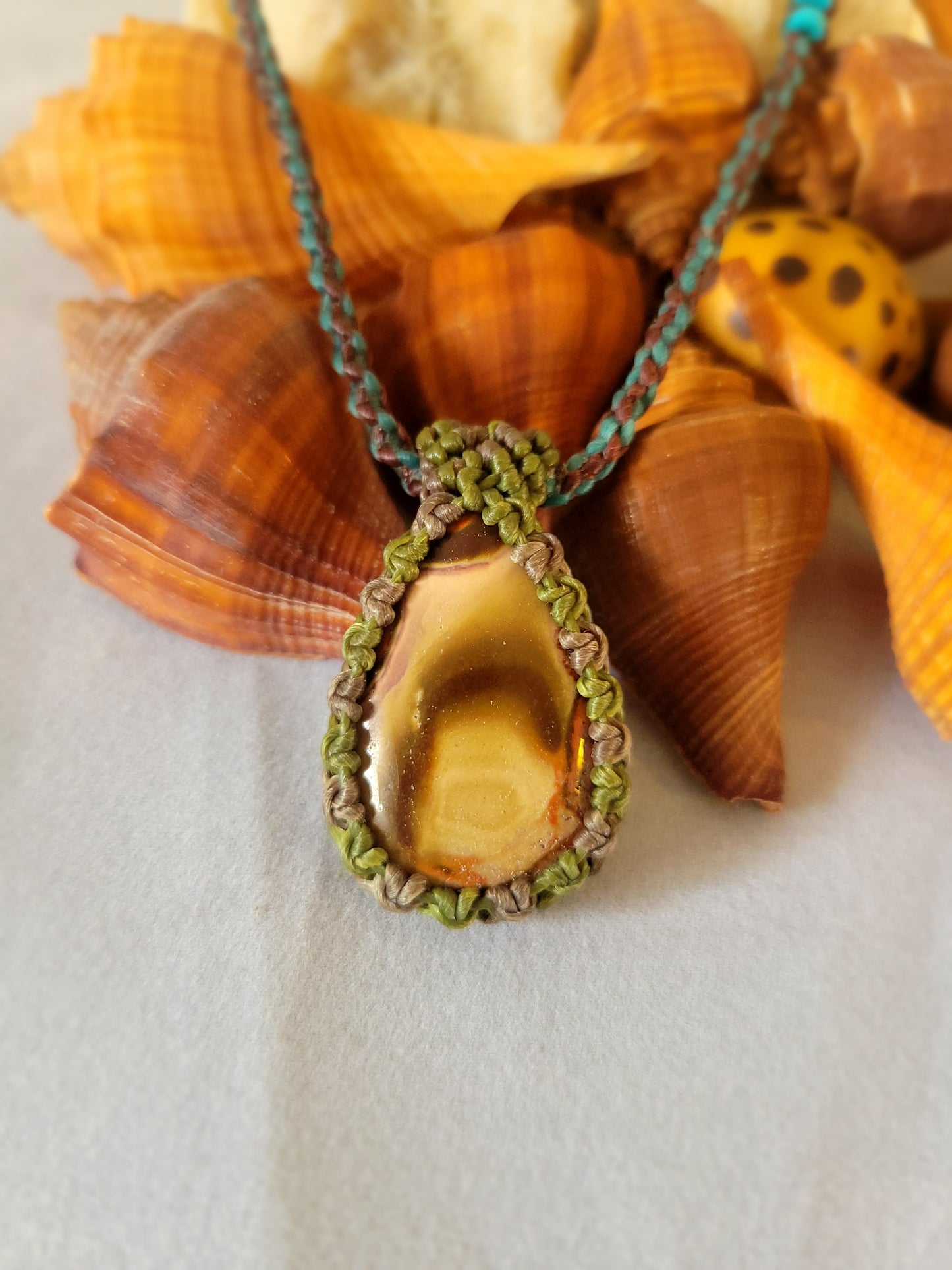 “Riverroot” – Multicolored River Jasper Pendant Necklace, Army Green & Brown Cord, 22” Minimalist Design