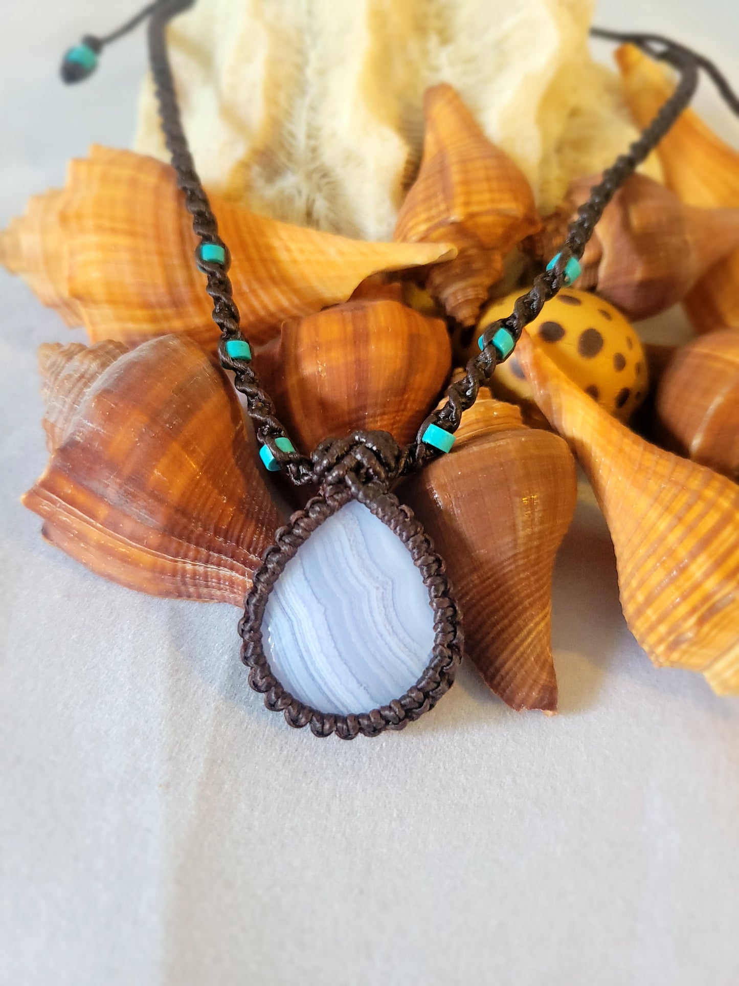 Light Blue Lace Agate Micromacrame Pendant Necklace with Turquoise Beads