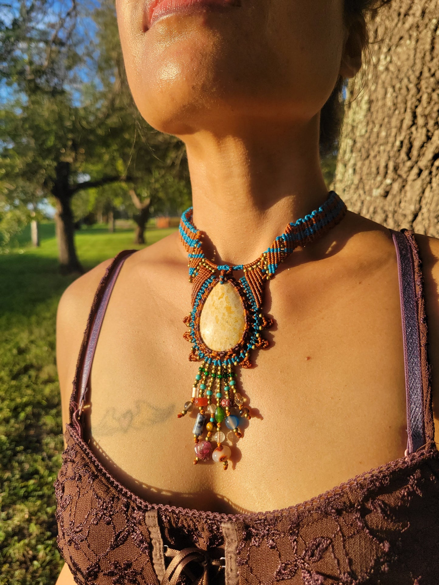 Mediterranean Boho Choker with Fossilized Coral Pendant