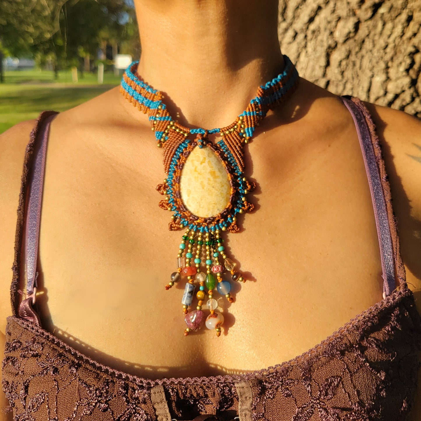 Mediterranean Boho Choker with Fossilized Coral Pendant