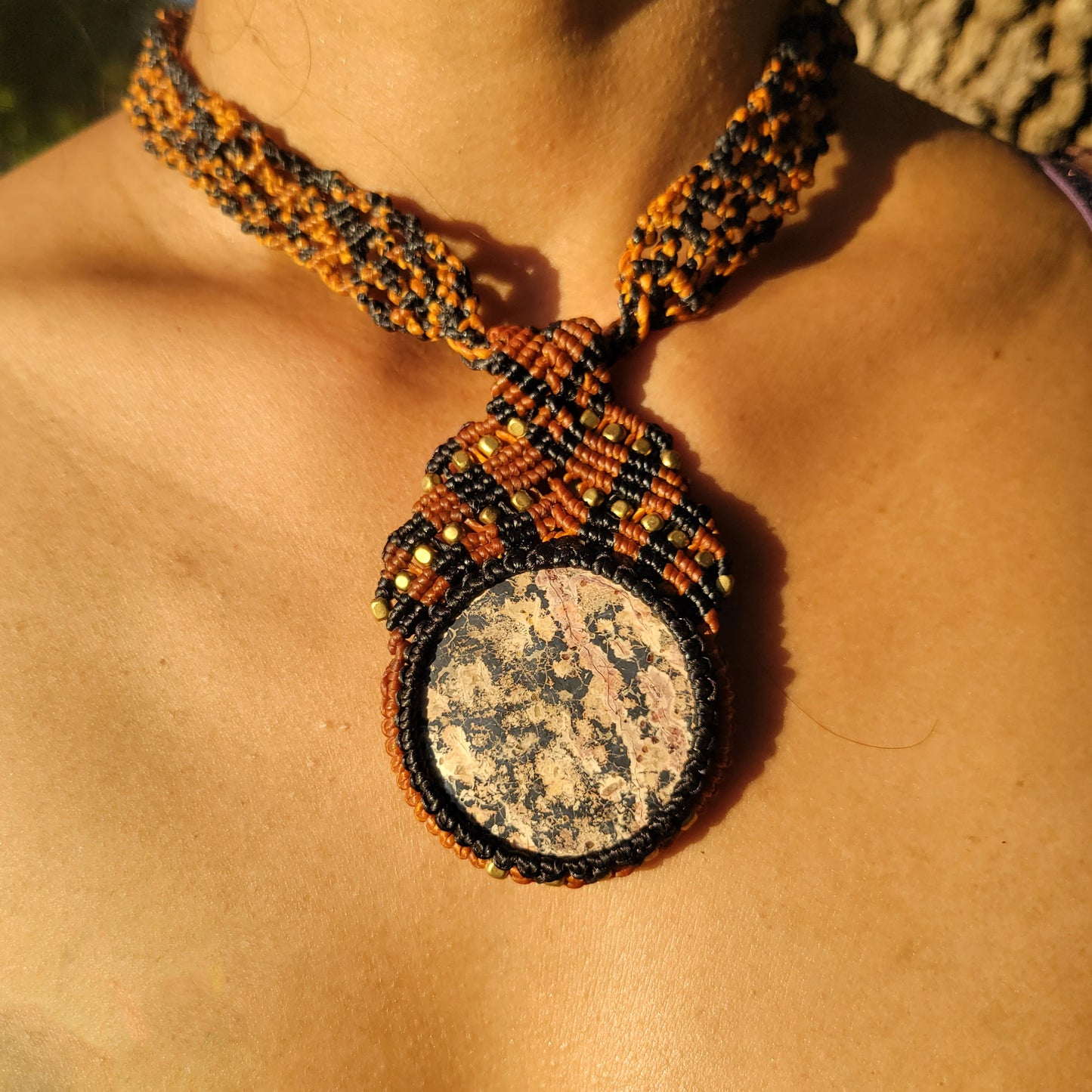 Ocean Jasper Choker with Intricate Micromacramé & Brass Beads - Women's Necklace