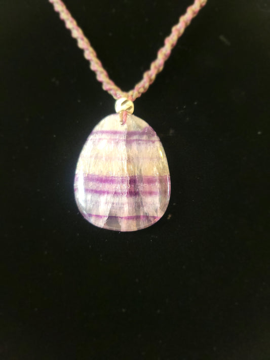 Banded Fluorite Pendant Necklace - Purple & Pink Hues with Glass Bead Accents