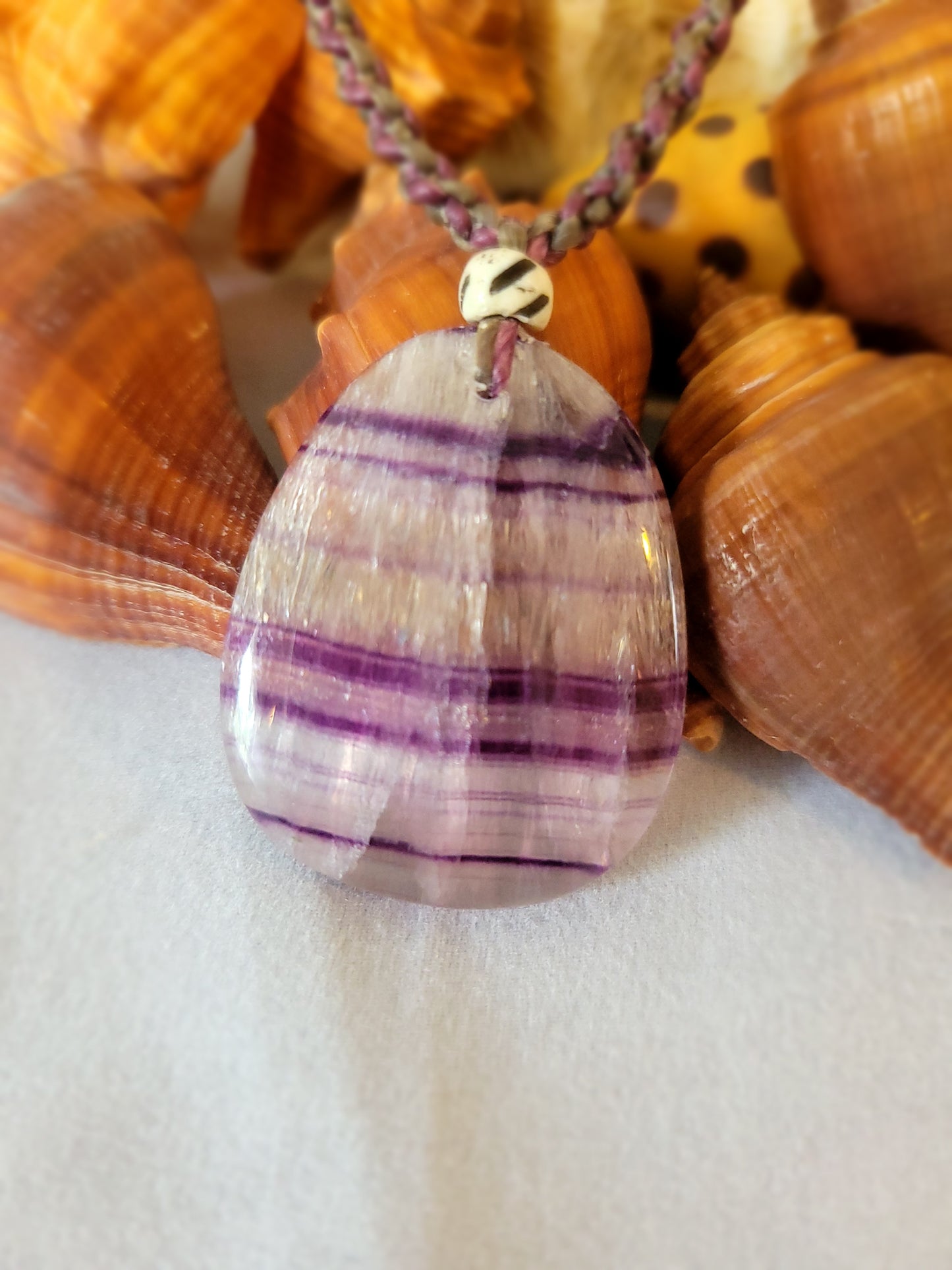 Banded Fluorite Pendant Necklace - Purple & Pink Hues with Glass Bead Accents
