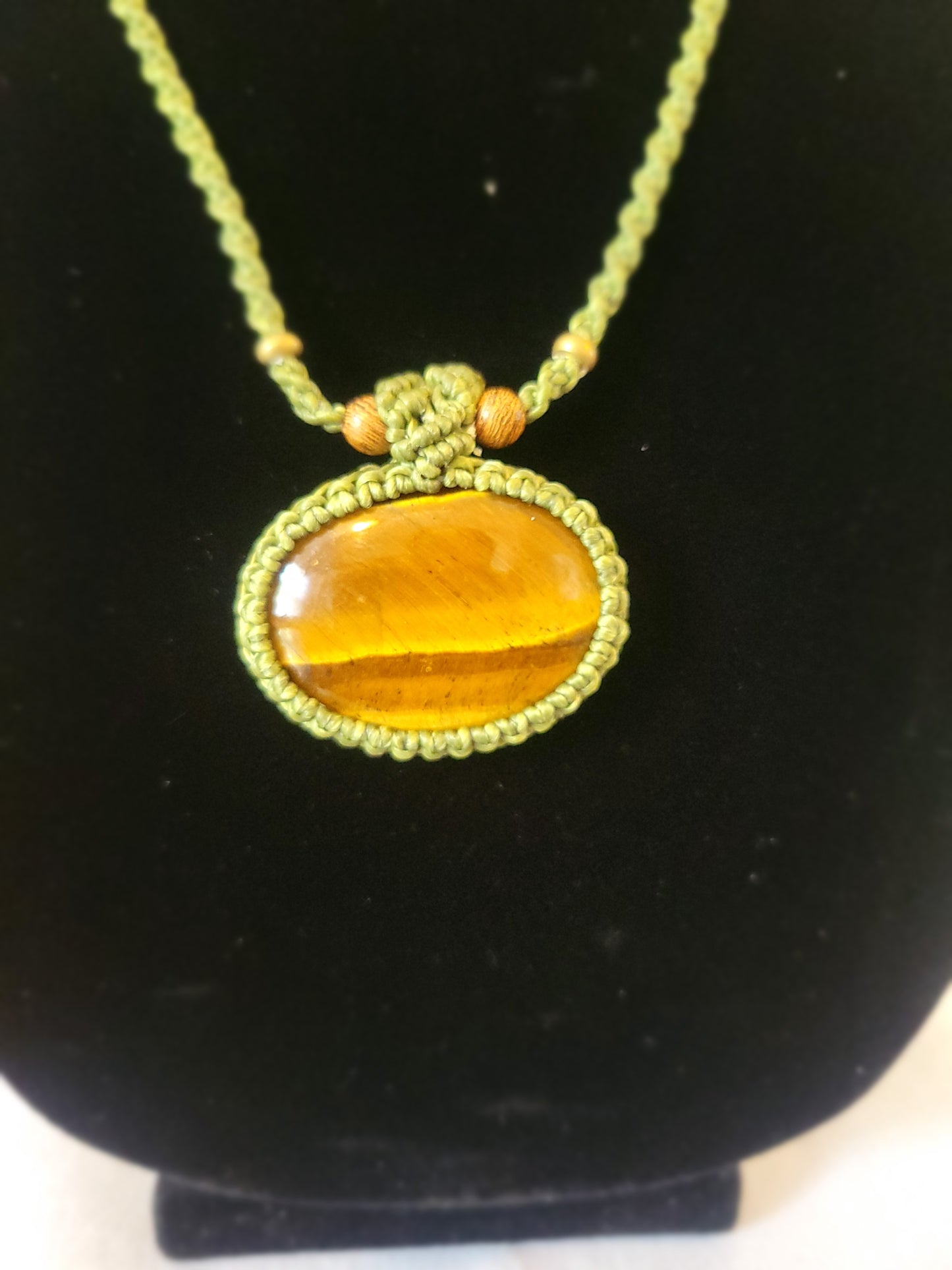 “Forest Armor” – Oval Tiger Eye Pendant Necklace, Green Cord with Wood Beads, Adjustable Unisex