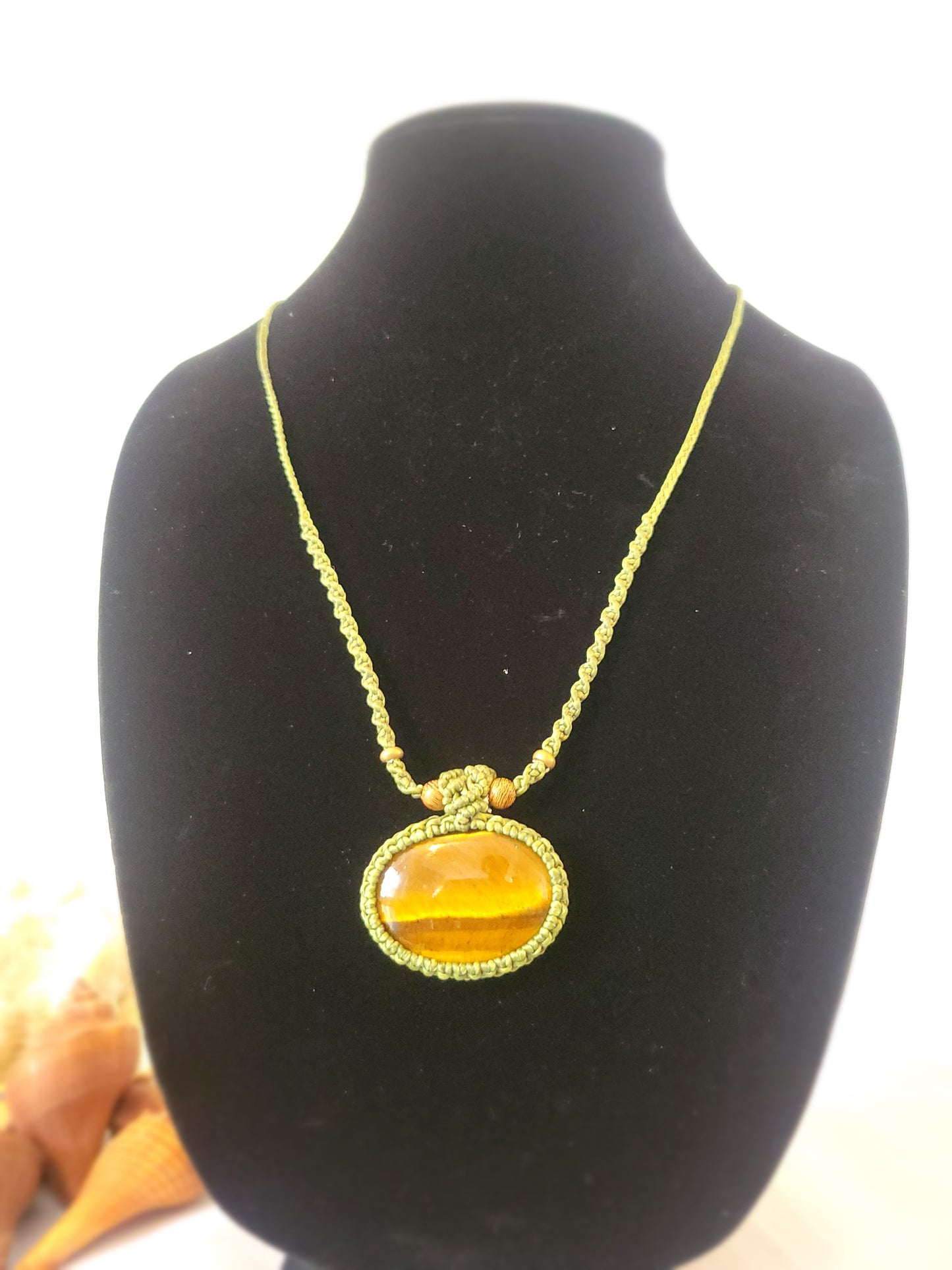 “Forest Armor” – Oval Tiger Eye Pendant Necklace, Green Cord with Wood Beads, Adjustable Unisex