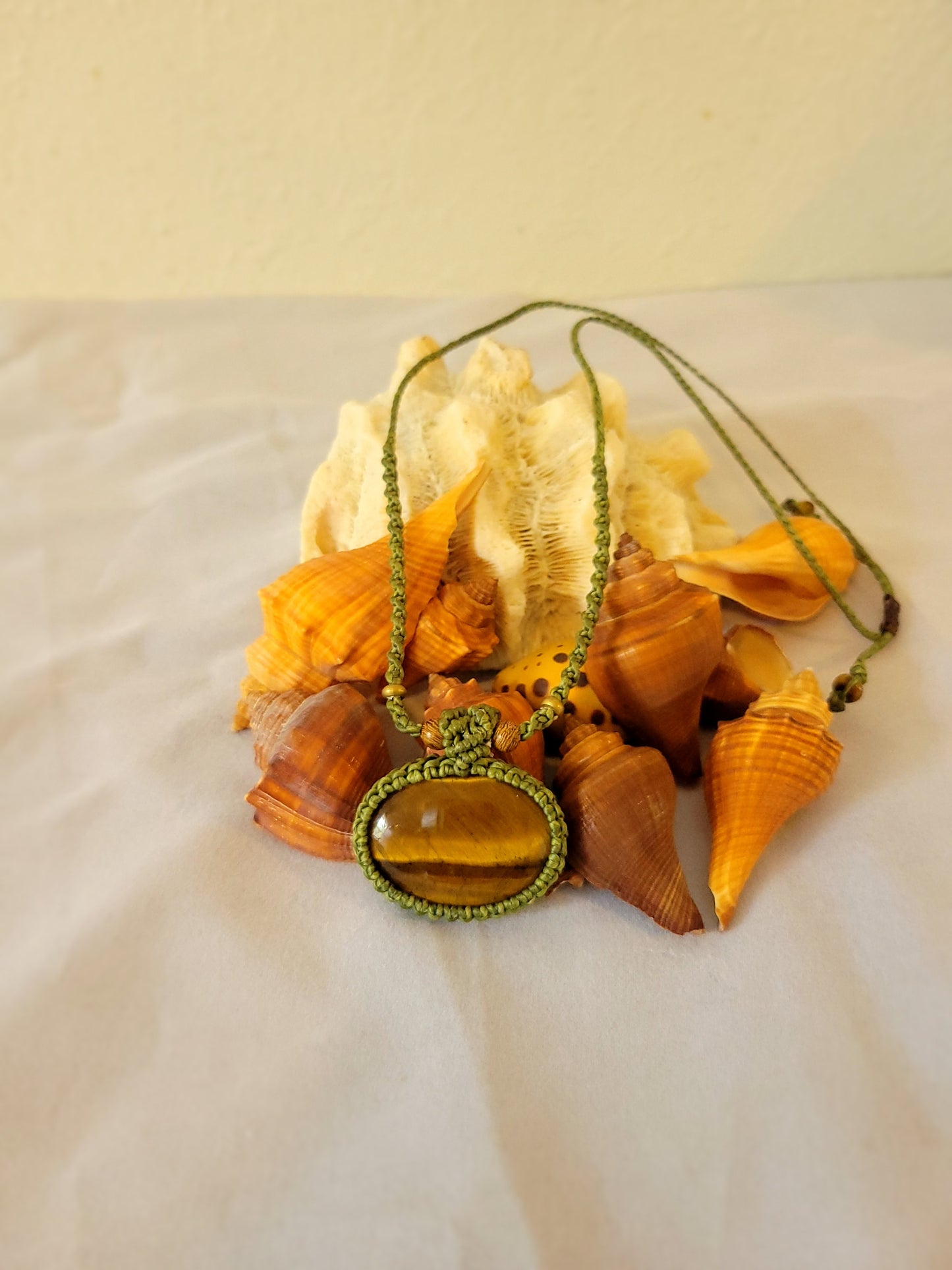 “Forest Armor” – Oval Tiger Eye Pendant Necklace, Green Cord with Wood Beads, Adjustable Unisex