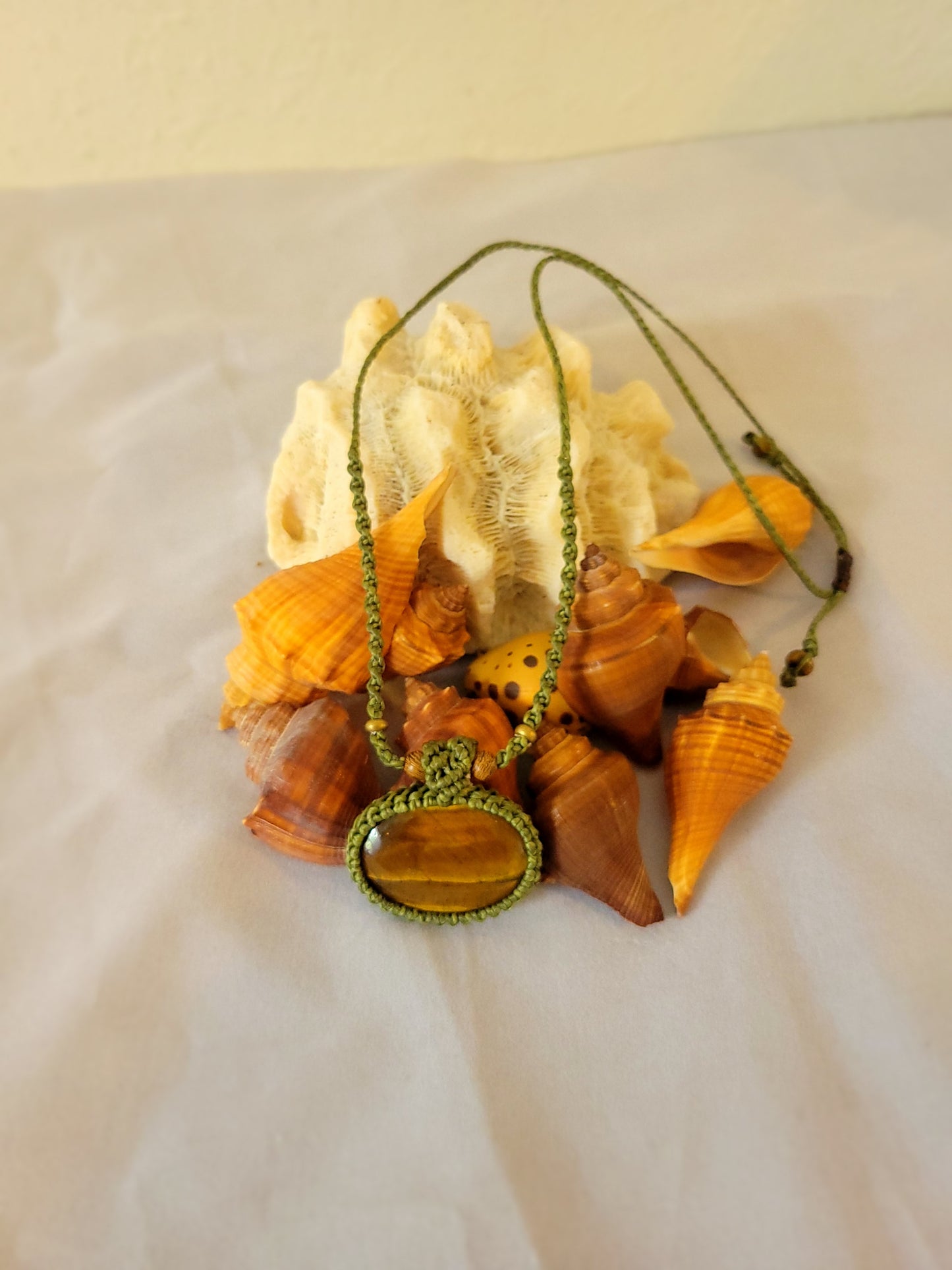 “Forest Armor” – Oval Tiger Eye Pendant Necklace, Green Cord with Wood Beads, Adjustable Unisex