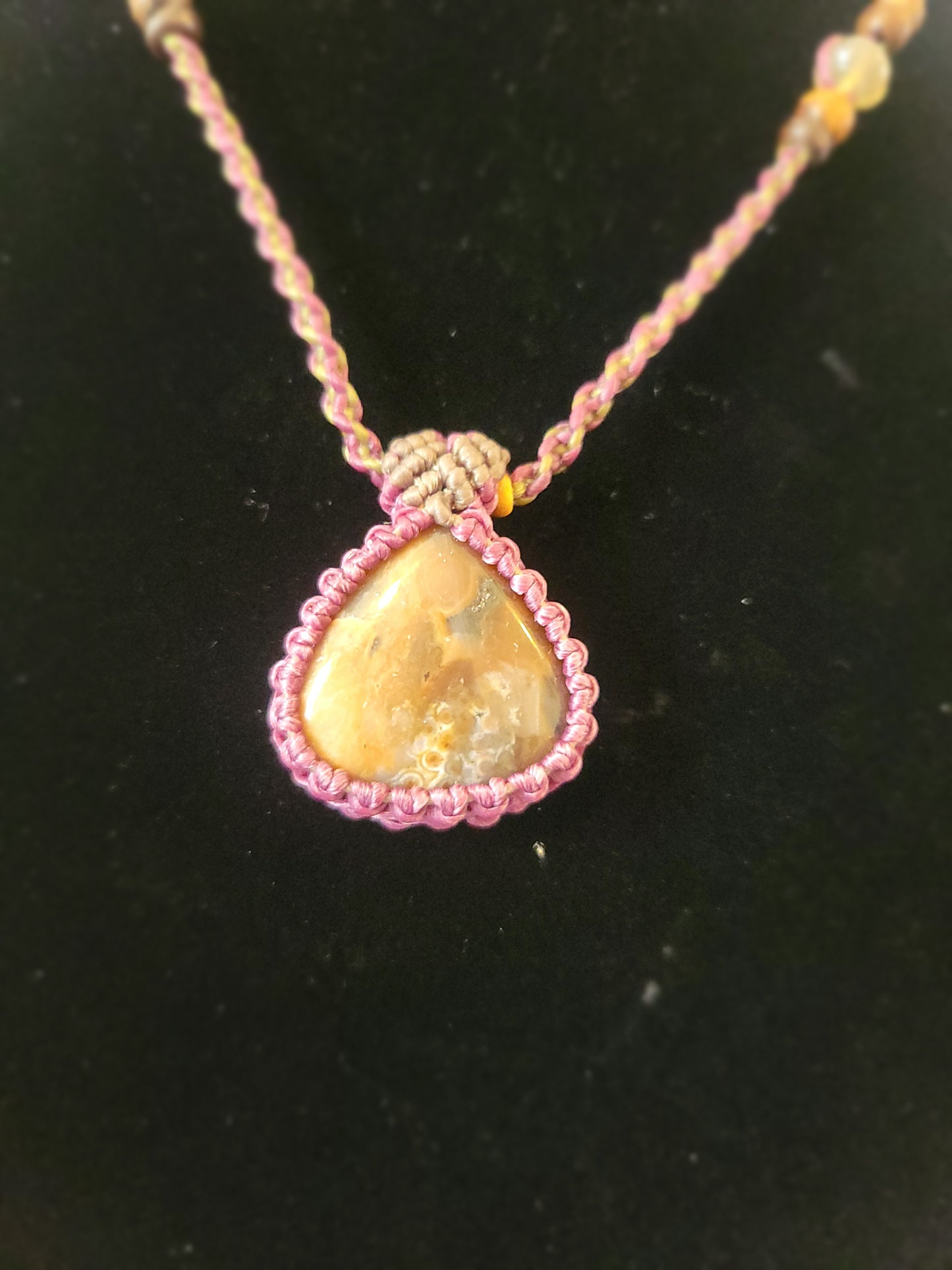 Moss Agate Pendant Necklace – Magenta Micromacrame Wrap with Stone Beads, Adjustable Length