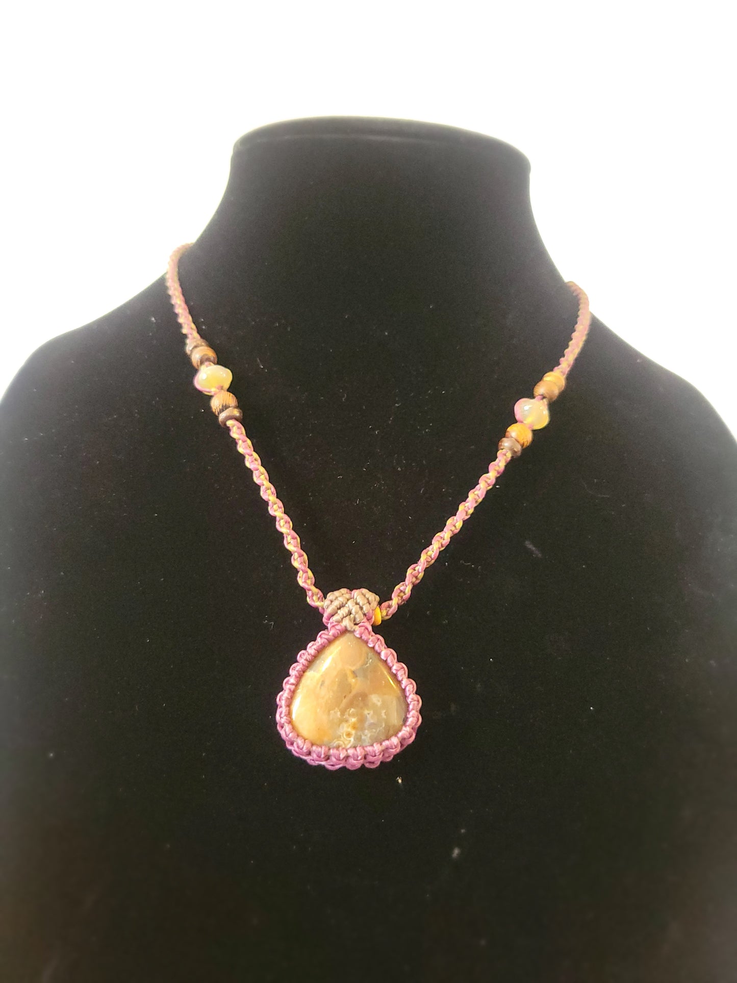 Moss Agate Pendant Necklace – Magenta Micromacrame Wrap with Stone Beads, Adjustable Length