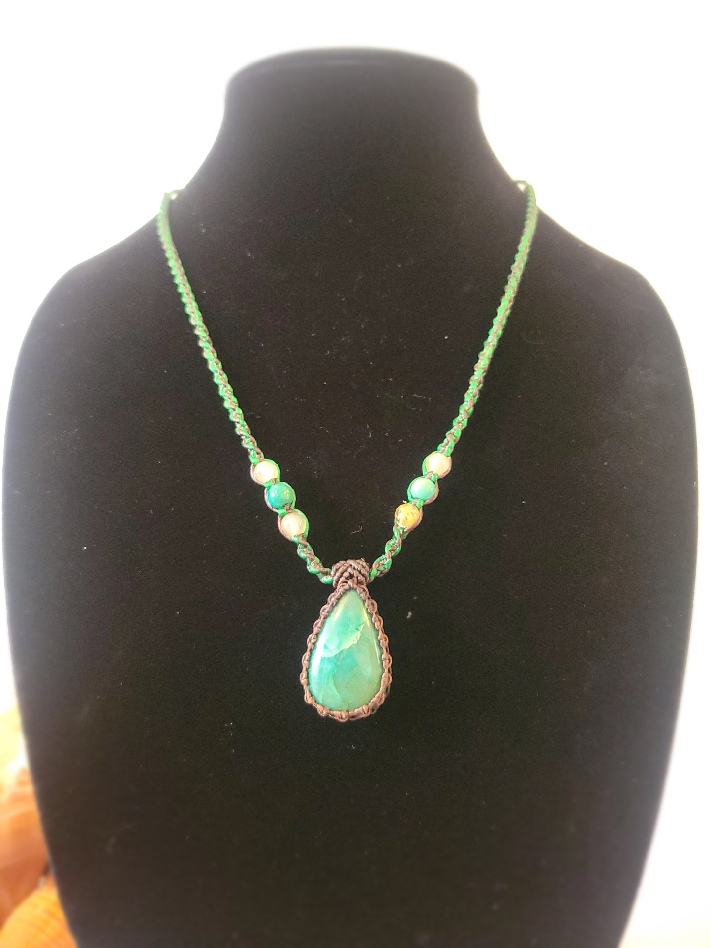 Elegant Green Chrysocolla Stone Pendant - Micromacrame Artistry with Quartz Beads