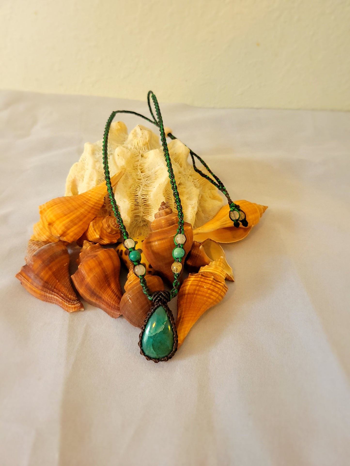 Elegant Green Chrysocolla Stone Pendant - Micromacrame Artistry with Quartz Beads
