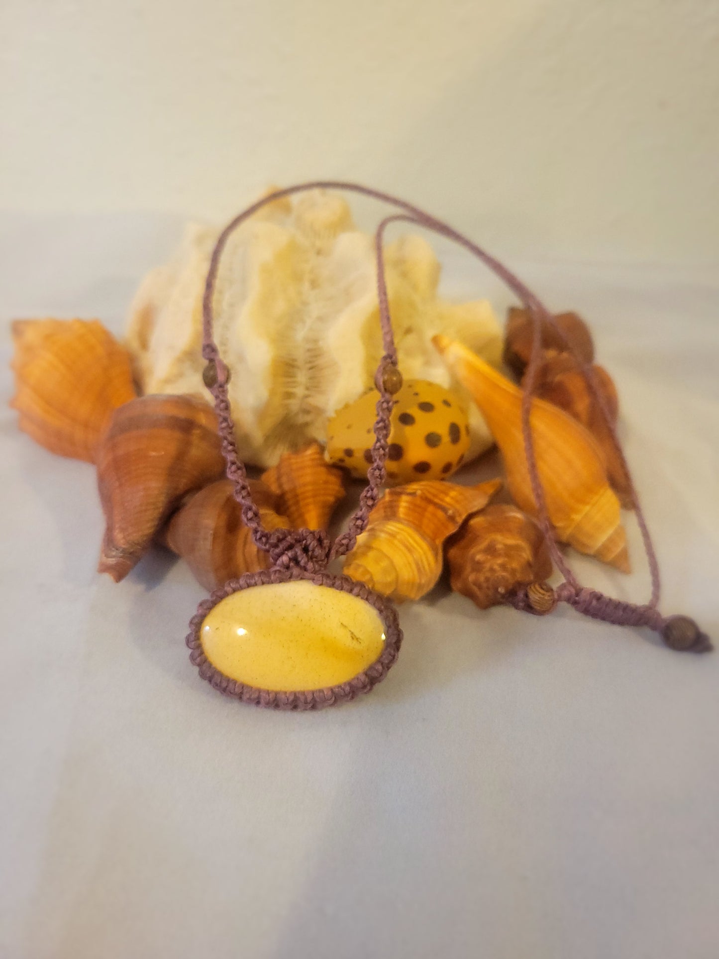 “Sunseed” – Yellow Jasper Pendant Necklace, Purple Cord with Wood Beads, Adjustable Minimalist Design