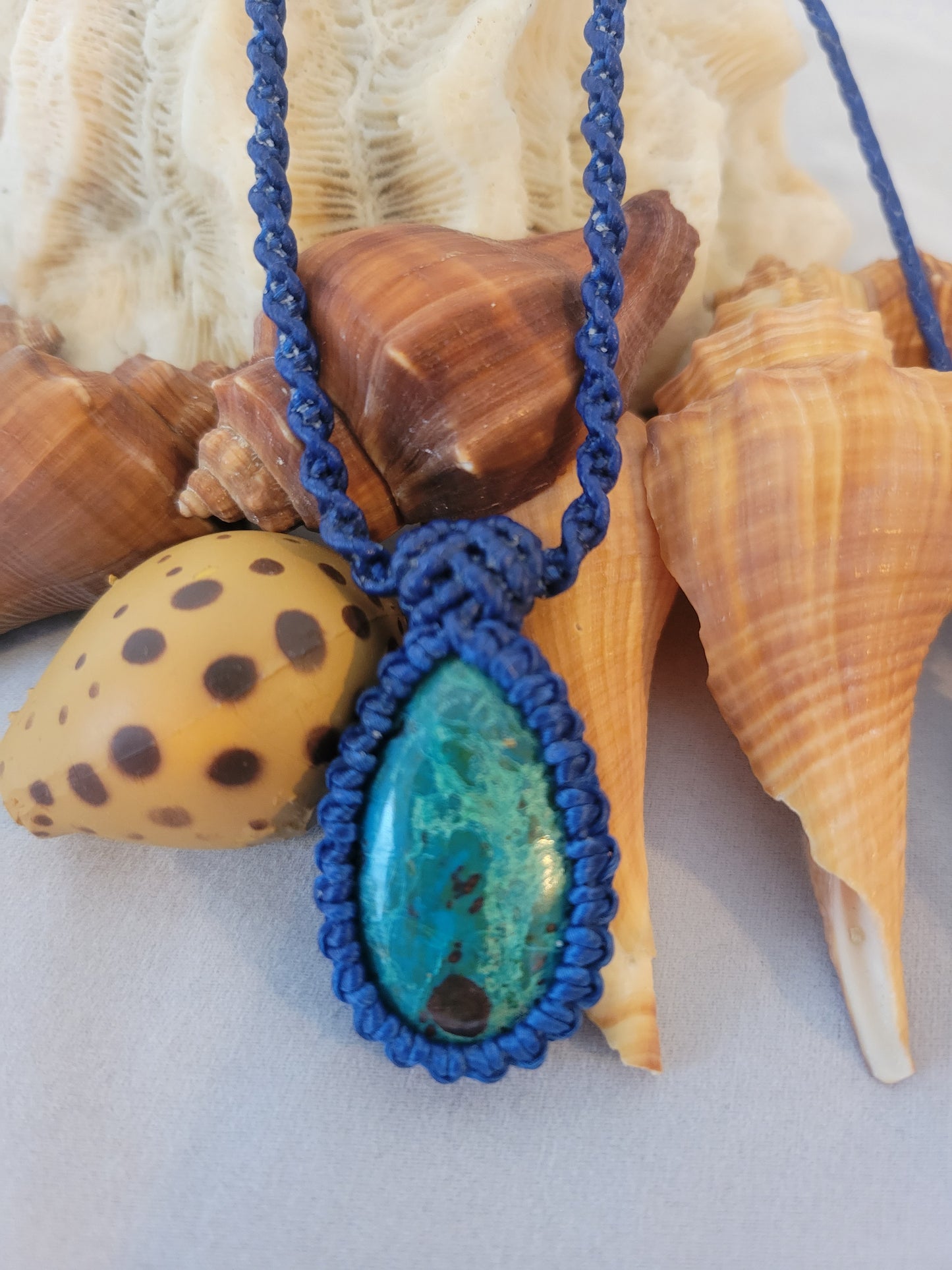 “Ocean Stone” – Blue-Green Chrysocolla Pendant Necklace, Dark Blue Cord, Adjustable Unisex Design
