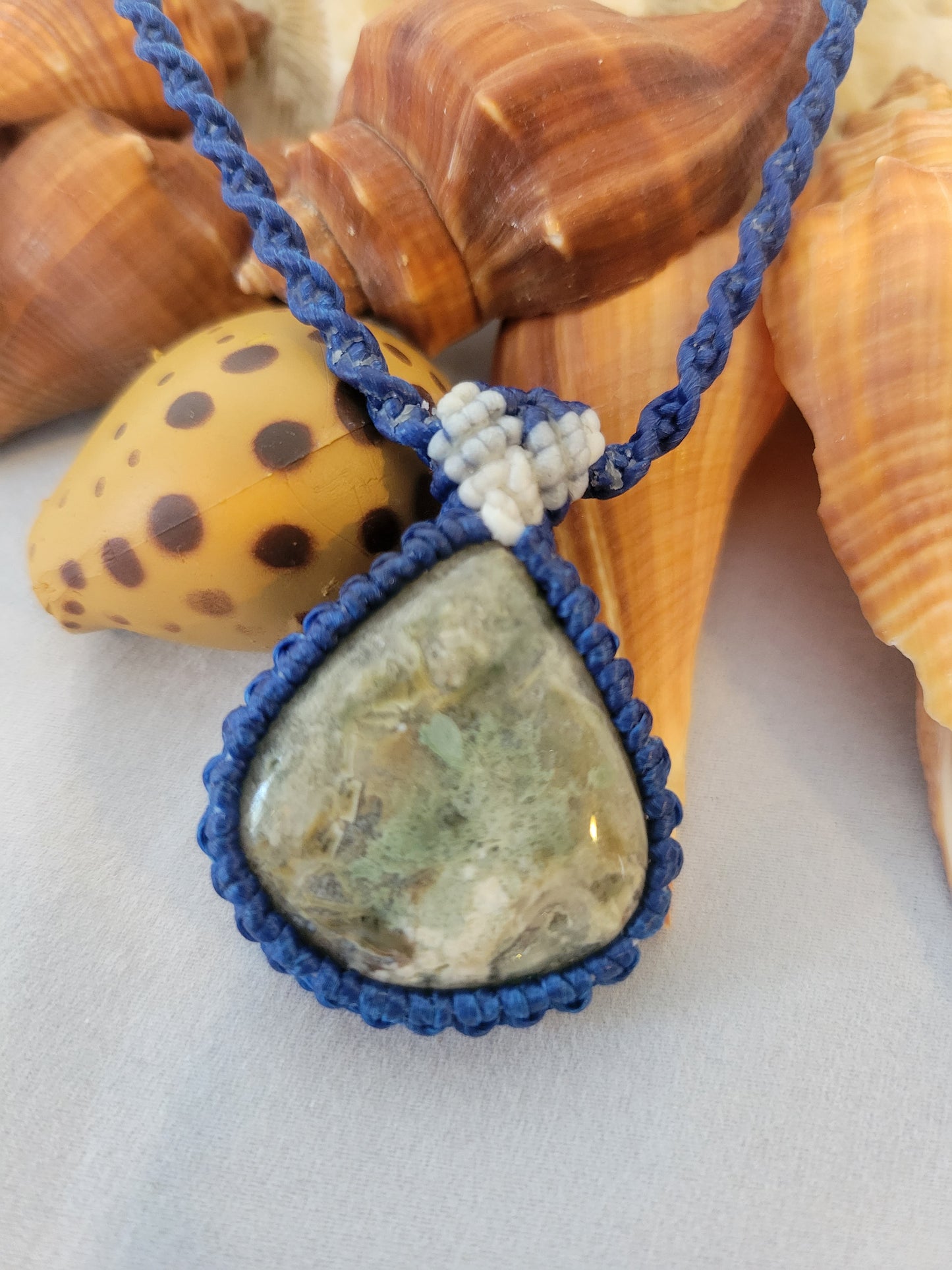 Mist Over Canopy” – Rainforest Rhyolite Pendant Necklace, Blue Cord with White Accents, Adjustable