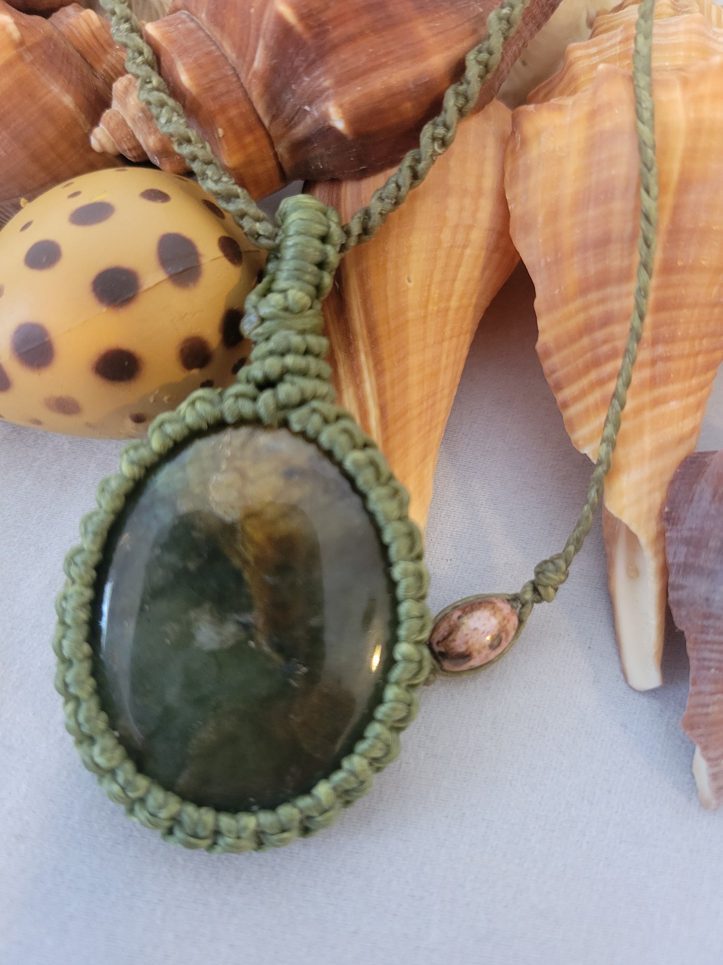 "Forest Veins" – Moss Agate Pendant Necklace in Army Green & Brown Cord, Adjustable Minimalist Wrap