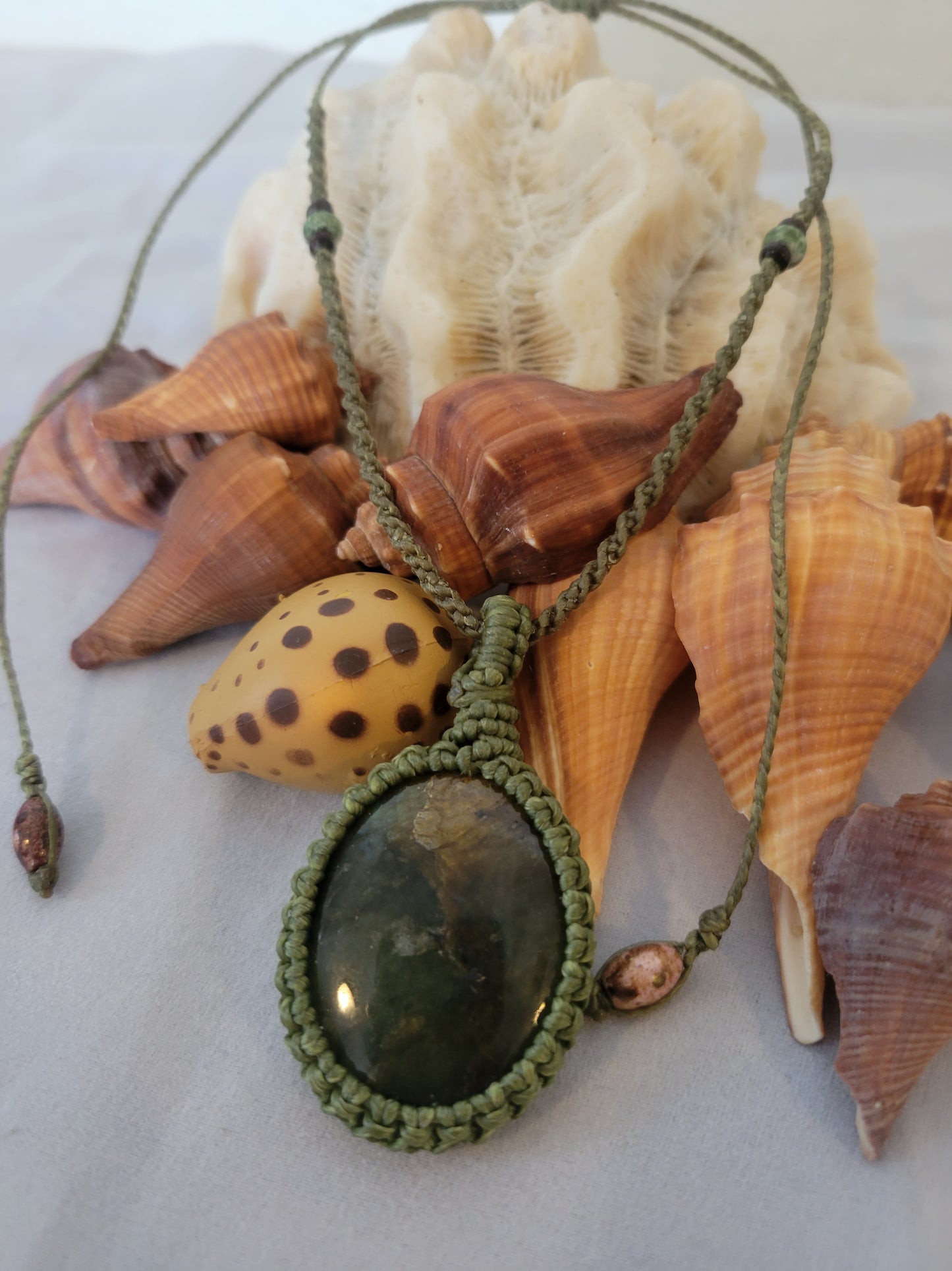 "Forest Veins" – Moss Agate Pendant Necklace in Army Green & Brown Cord, Adjustable Minimalist Wrap