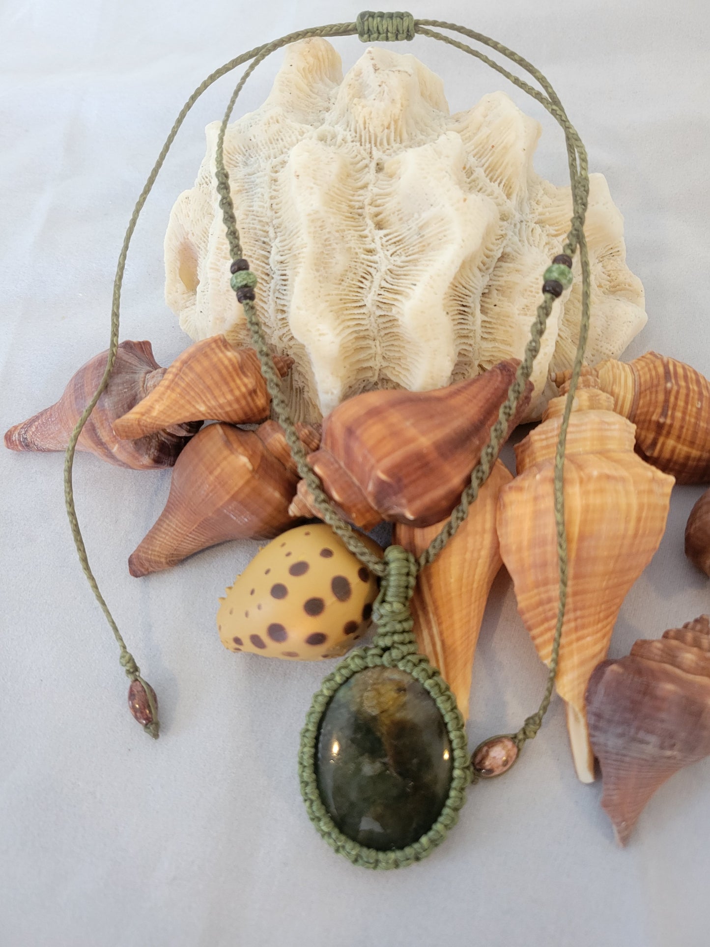 "Forest Veins" – Moss Agate Pendant Necklace in Army Green & Brown Cord, Adjustable Minimalist Wrap