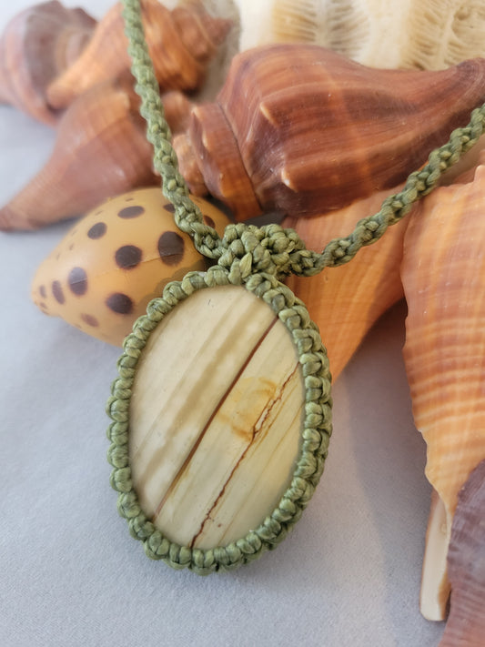 Ocean Jasper Oval Pendant on Green Spiral Braid Necklace