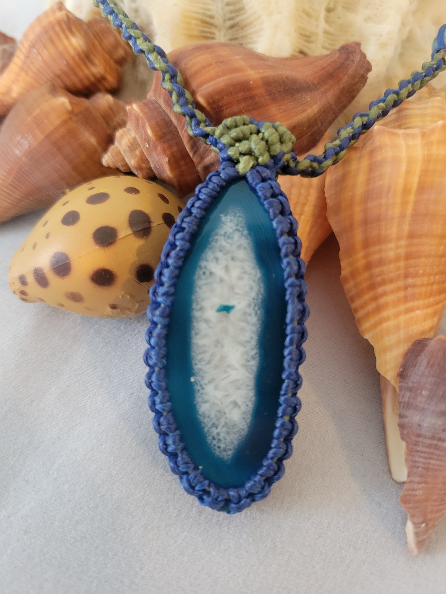 Blue and White Agate Slice Pendant - Minimalist Adjustable Necklace