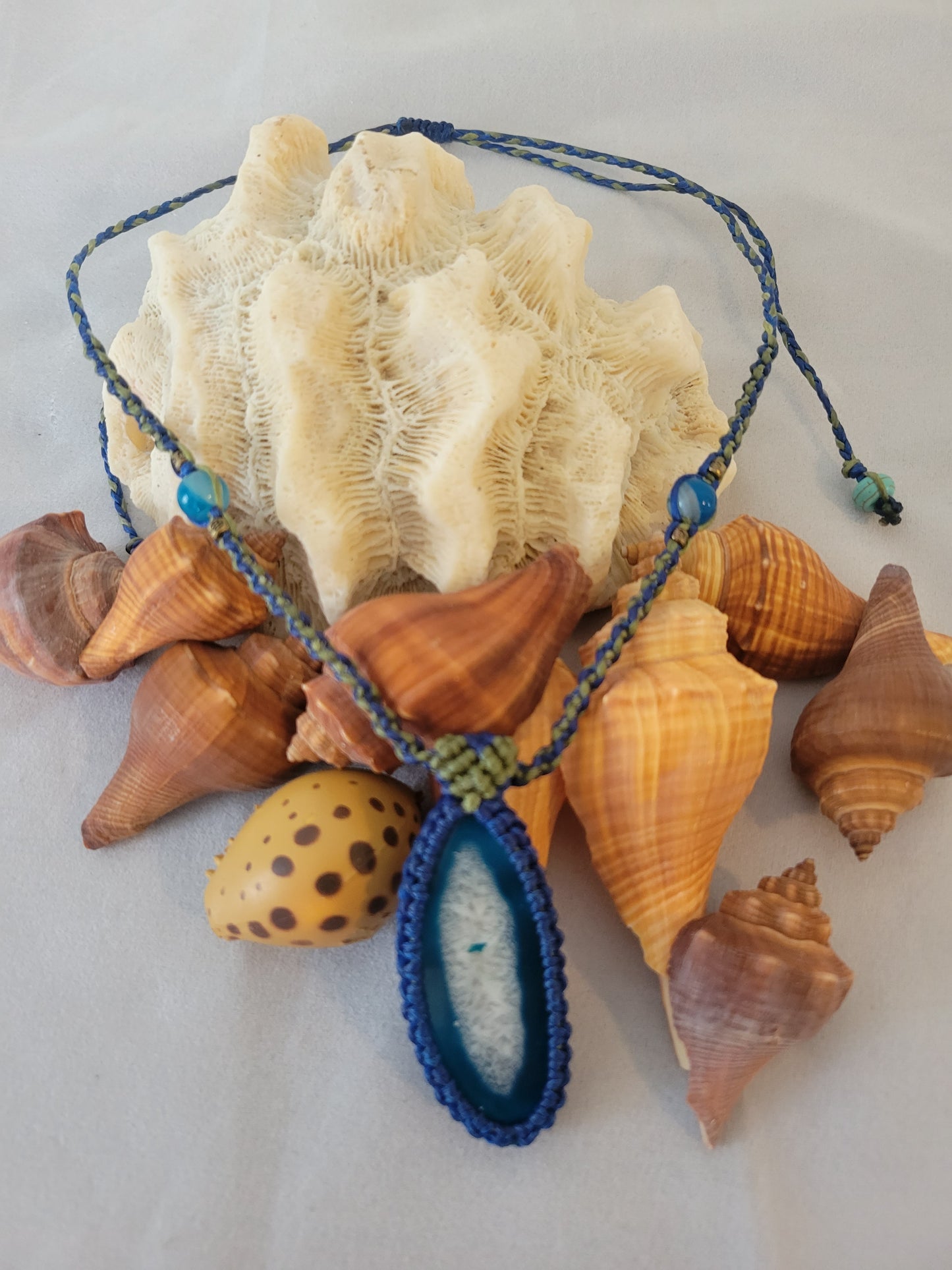Blue and White Agate Slice Pendant - Minimalist Adjustable Necklace