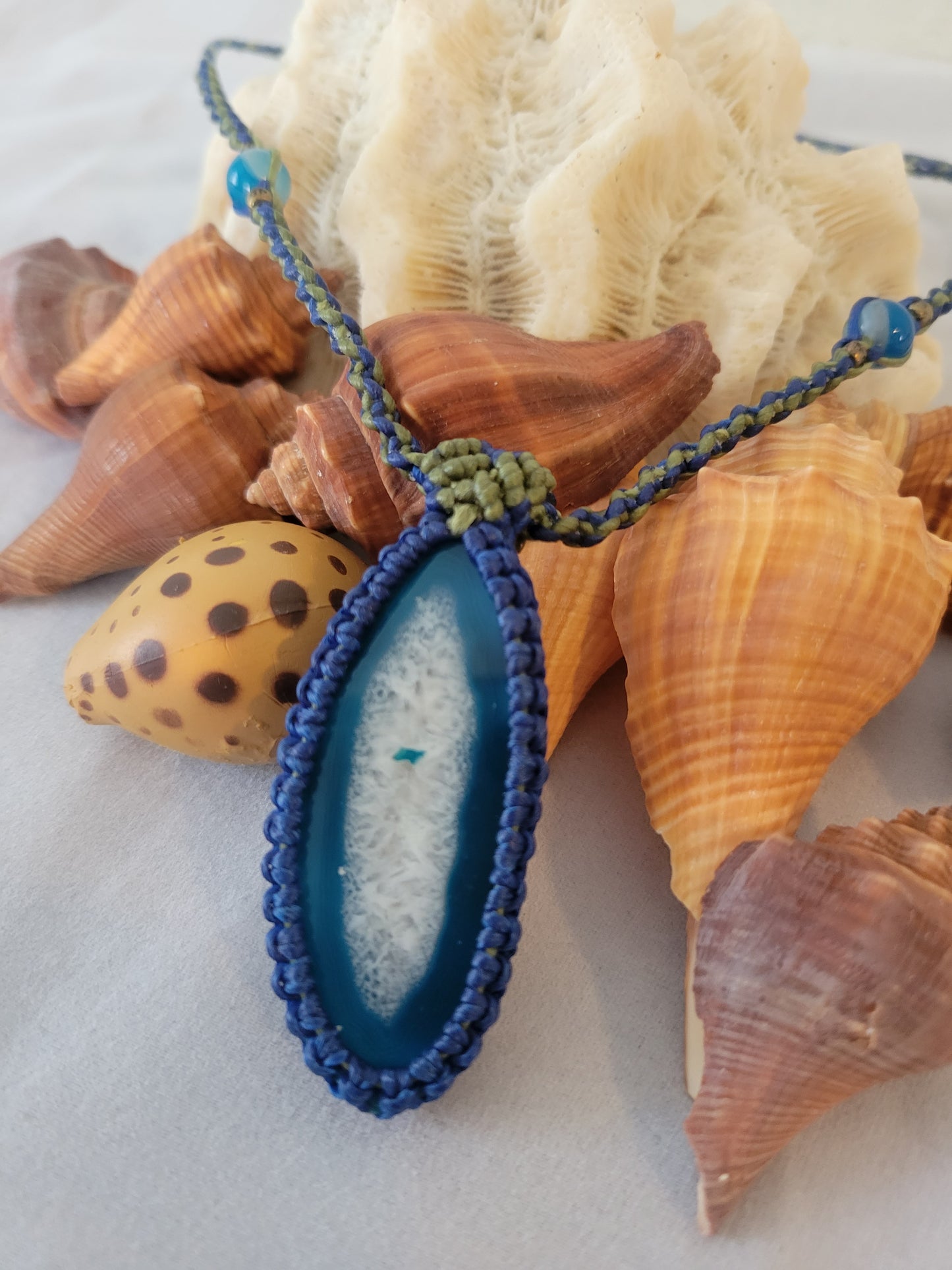 Blue and White Agate Slice Pendant - Minimalist Adjustable Necklace