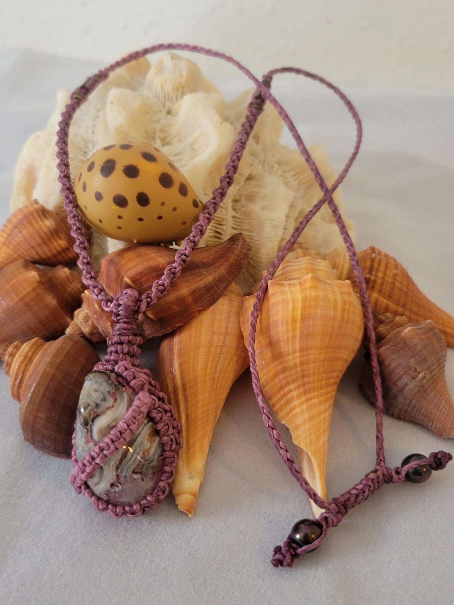 "Twilight Currents" – Rare Banded Agate Pendant with Pink Cord, Adjustable Macrame Necklace