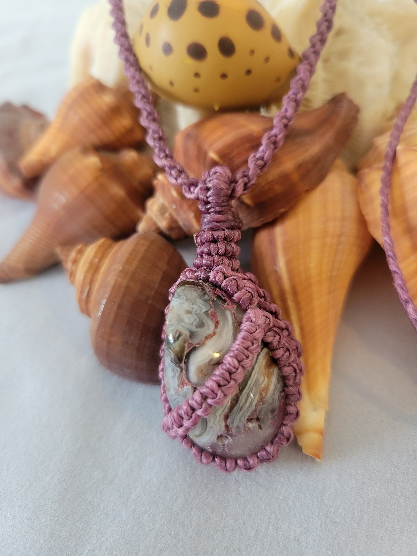 "Twilight Currents" – Rare Banded Agate Pendant with Pink Cord, Adjustable Macrame Necklace