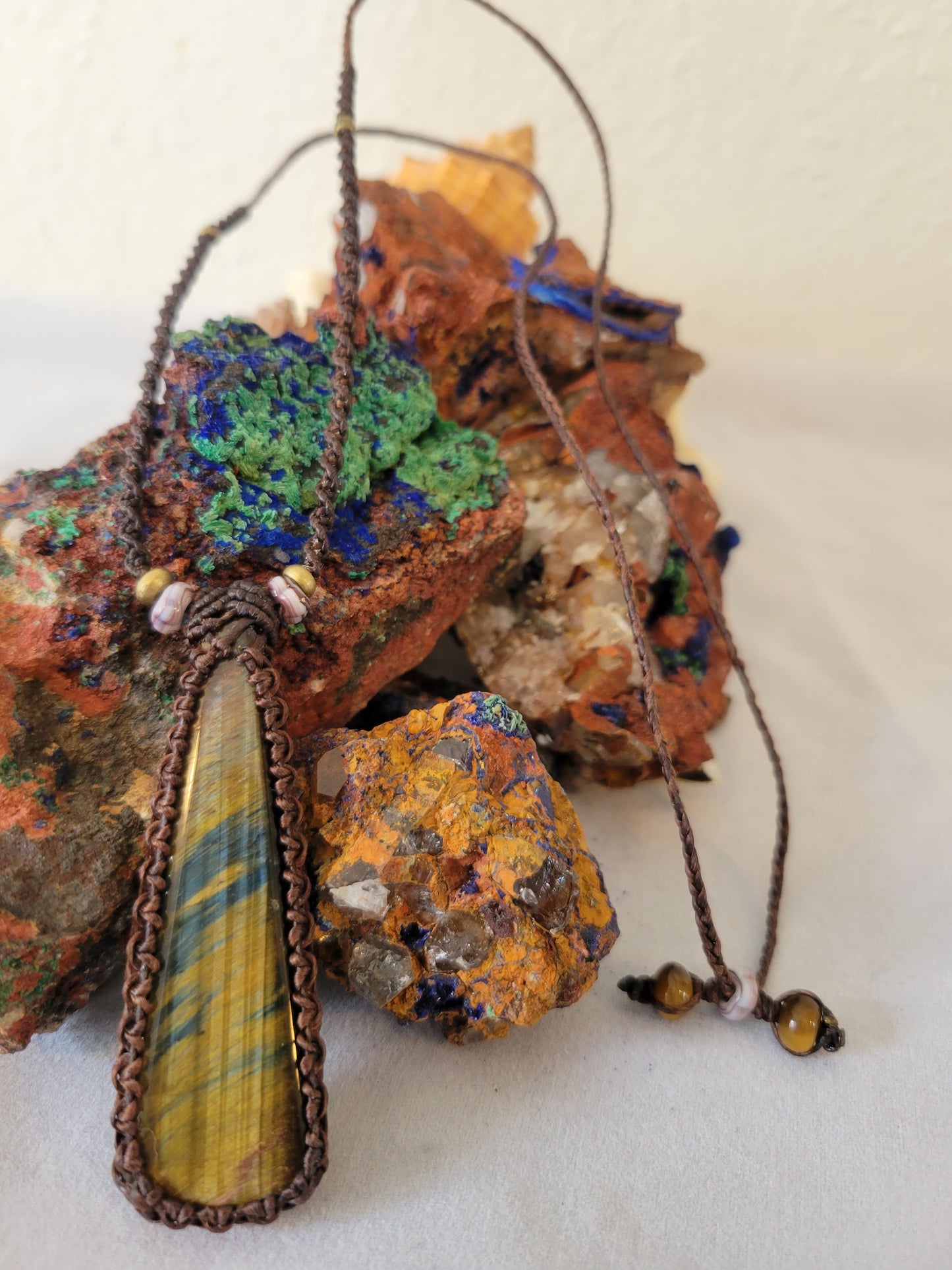 Trapezoid Tiger Eye Pendant Necklace – Brown Cord with Stone Beads, Minimalist Adjustable Design