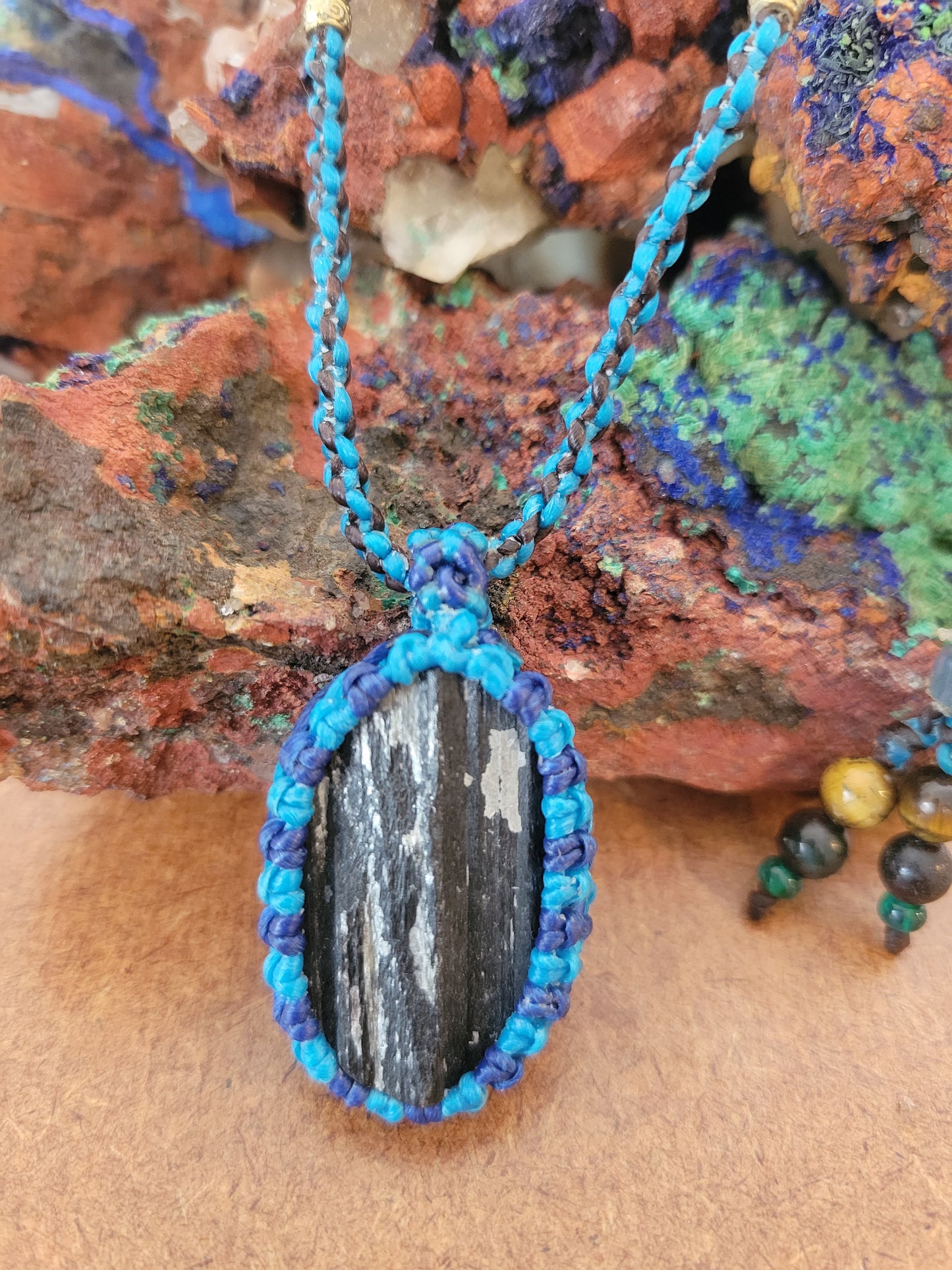 Midnight Elegance: Black Tourmaline Pendant in Blue Cord with Monochrome Beads