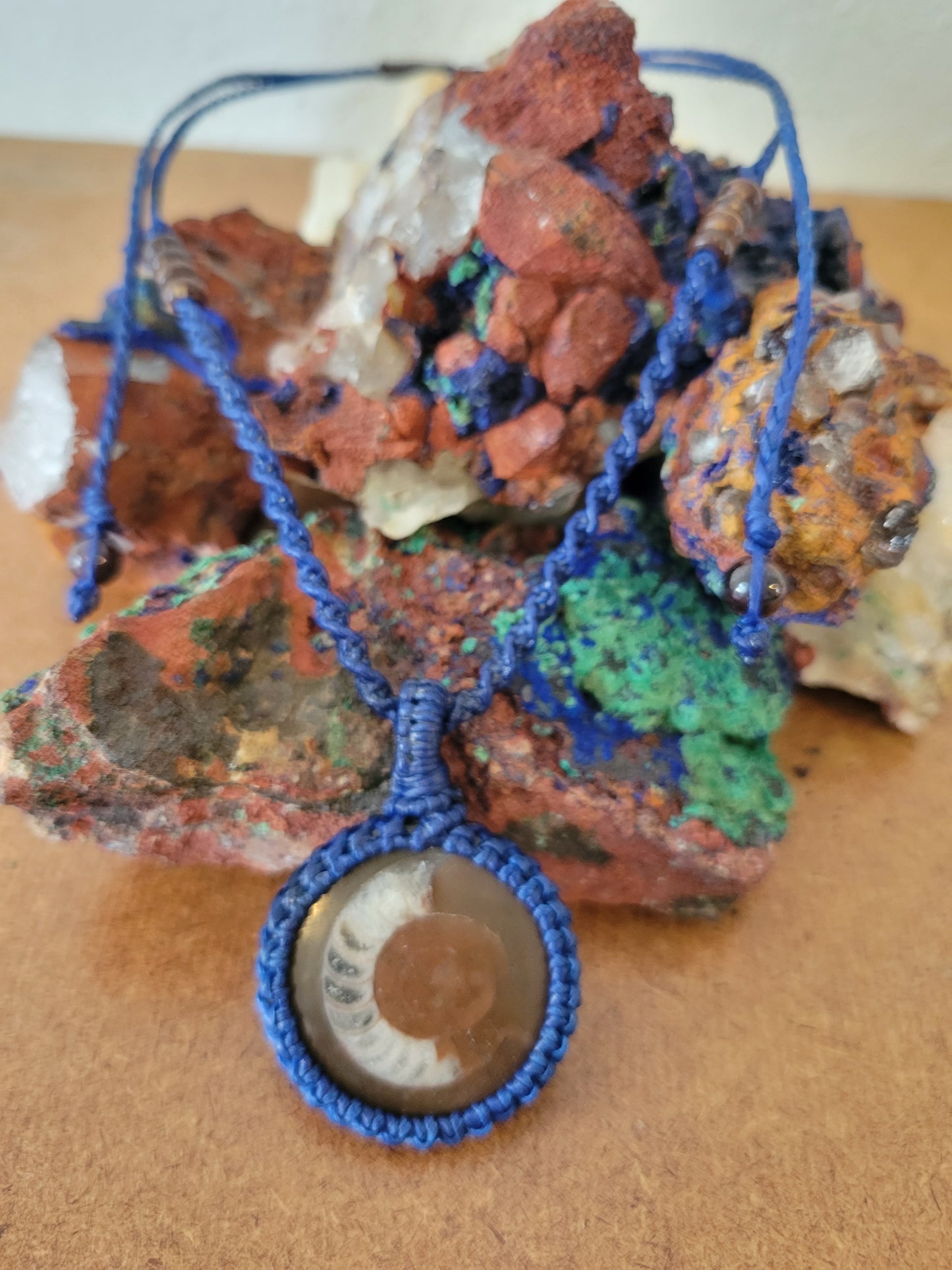 Half-Moon Fossil Ammonite Pendant – Polished Stone on Blue Cord, Adjustable Unisex Necklace