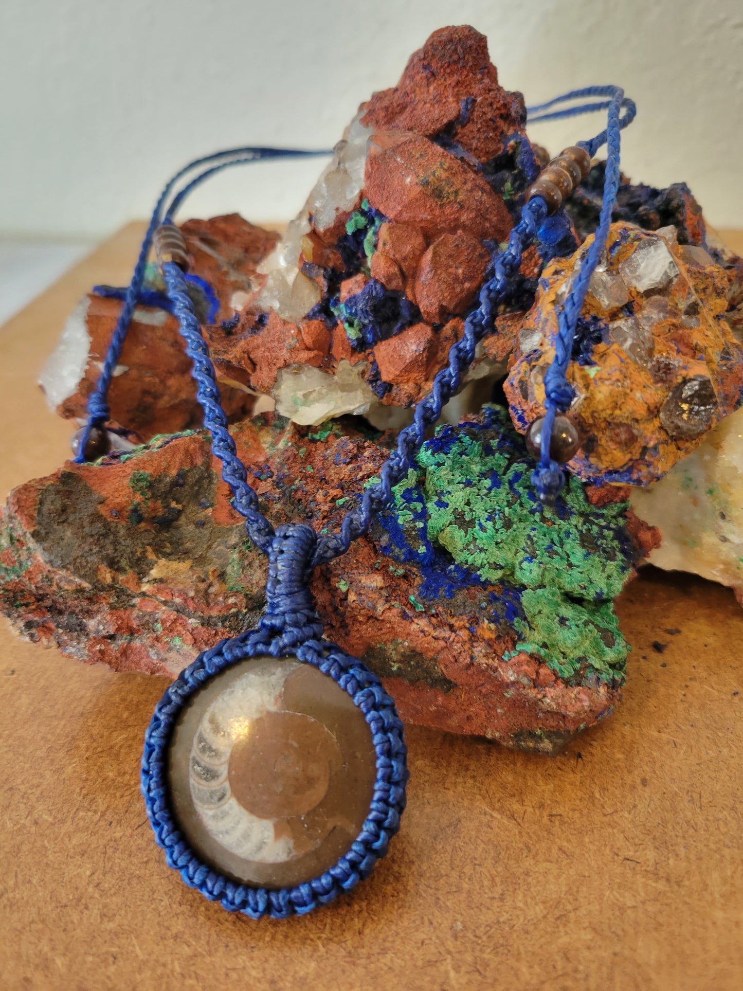 Half-Moon Fossil Ammonite Pendant – Polished Stone on Blue Cord, Adjustable Unisex Necklace