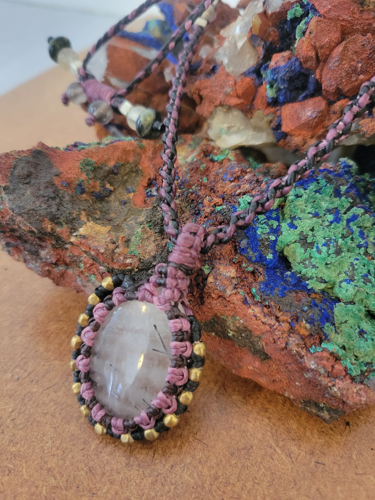 Black Rutilated Quartz Pendant Necklace – Purple & Black Wrap with Brass Beads, Adjustable Length