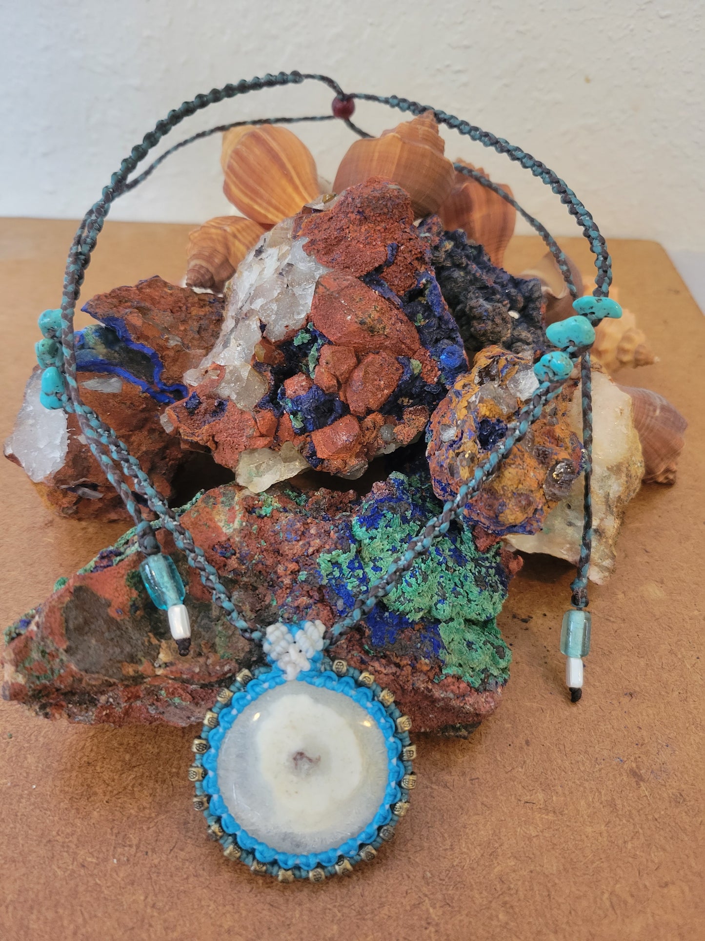 Solar Quartz Pendant Necklace – Blue Wrap, Black & Green Cord with Brass & Glass Beads, Adjustable Length