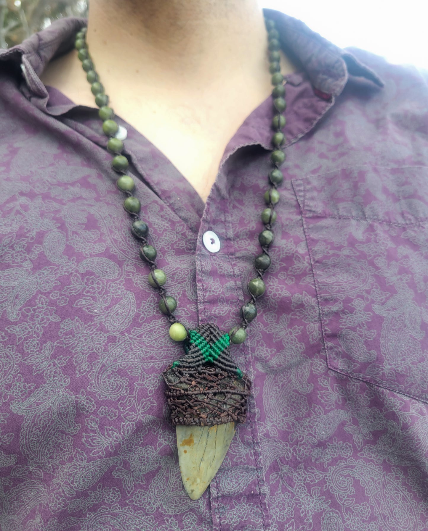 Fossilized Shark Tooth Necklace with Black Lava Beads – Prehistoric Elegance and Conservation