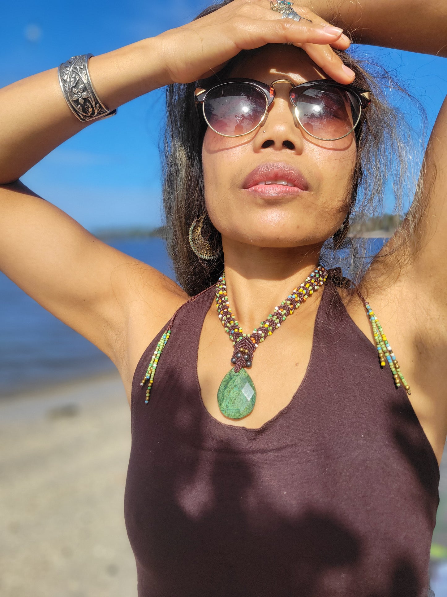 Green Kambaba Jasper Teardrop Pendant Necklace – Antique & Hematite Beads on Brown Macrame Cord
