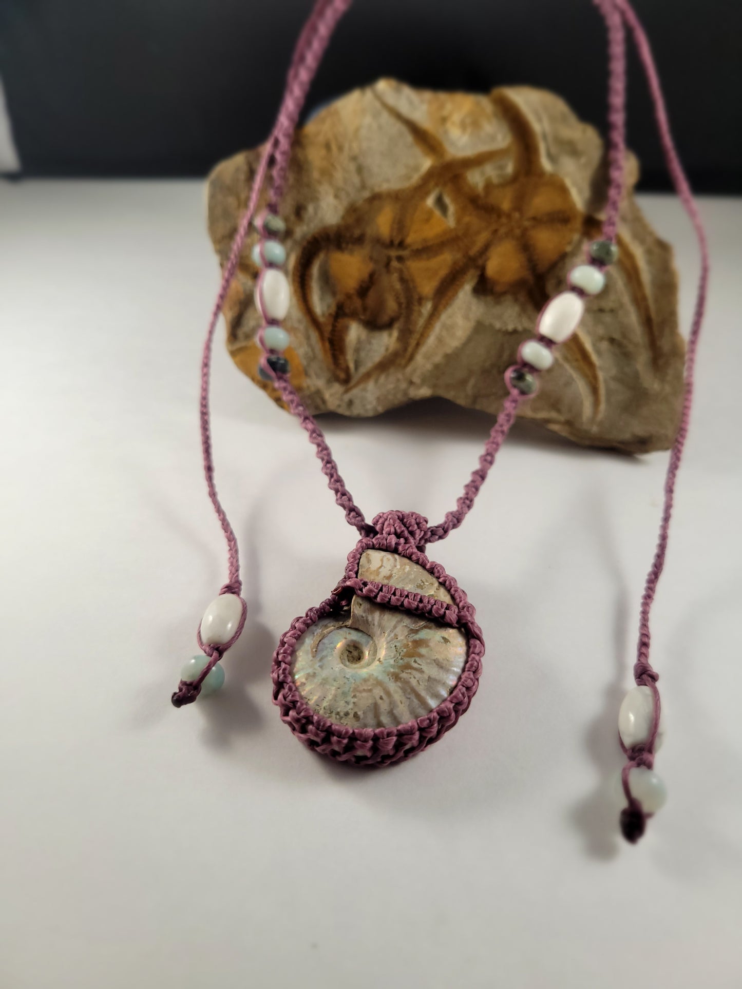 Fossil Ammonite Pendant Necklace – Dark Maroon Macrame, Adjustable 17” Unisex Necklace