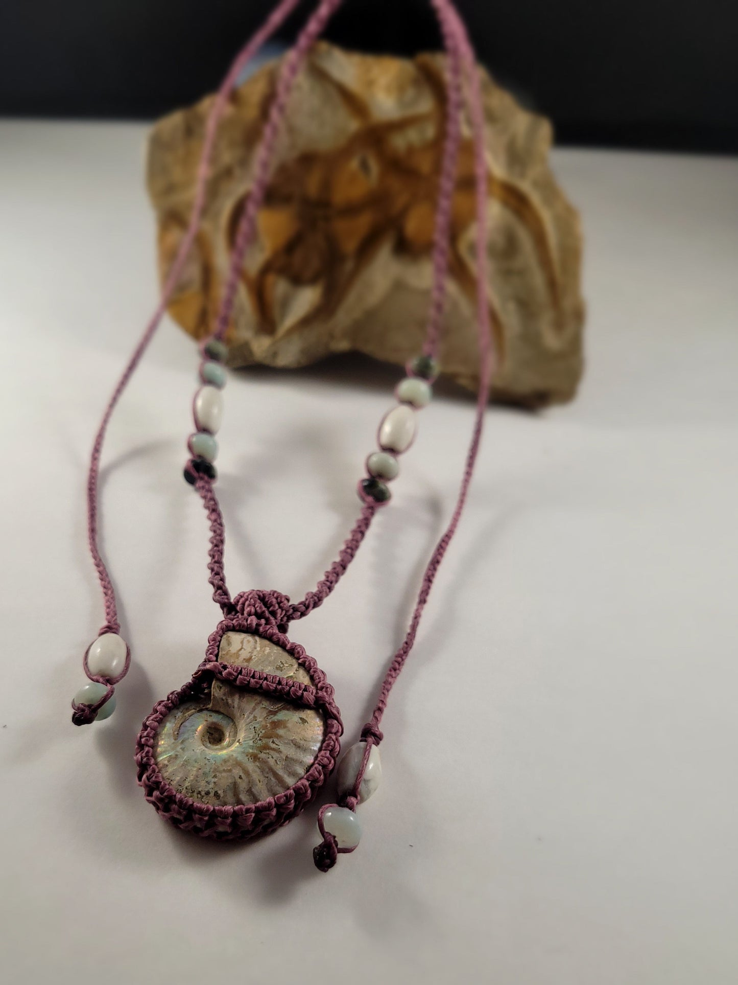 Fossil Ammonite Pendant Necklace – Dark Maroon Macrame, Adjustable 17” Unisex Necklace