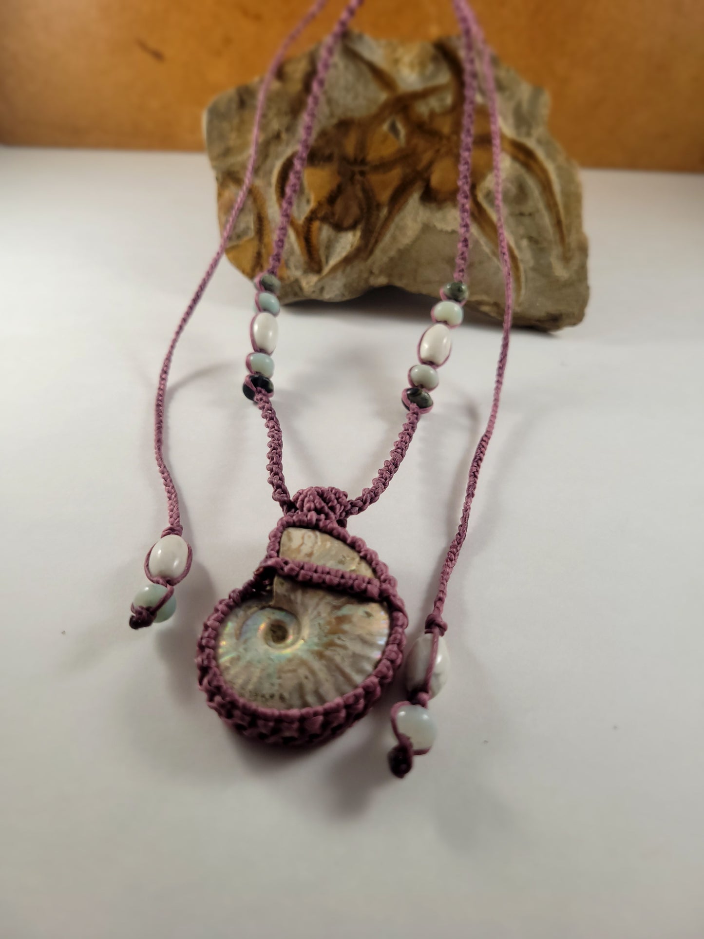 Fossil Ammonite Pendant Necklace – Dark Maroon Macrame, Adjustable 17” Unisex Necklace